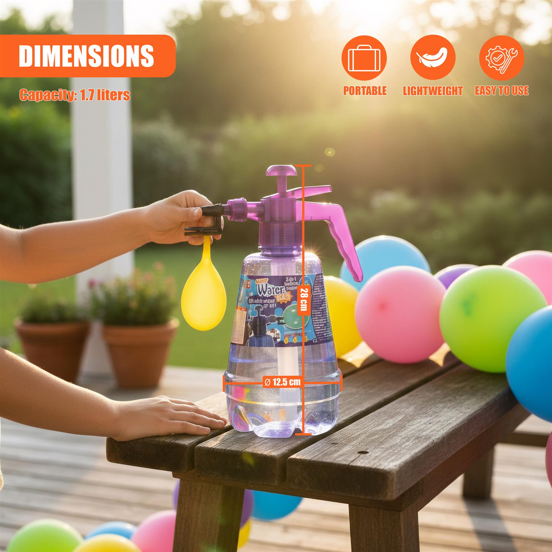 Hands spray water from a purple bottle on a wooden table, surrounded by many colorful balloons.