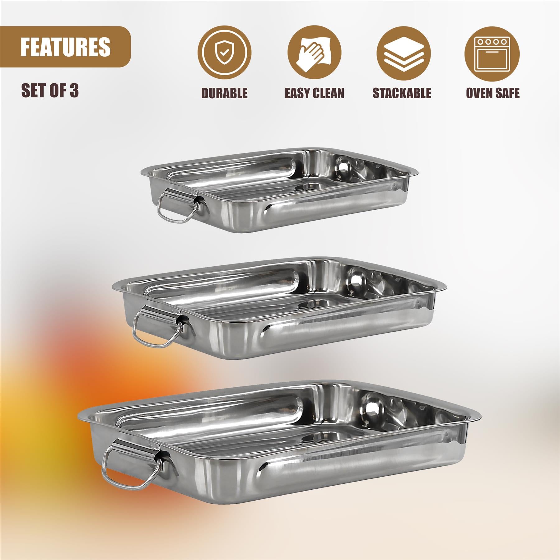 Set Of 3 Stainless Steel Roasting Trays by GEEZY - The Magic Toy Shop