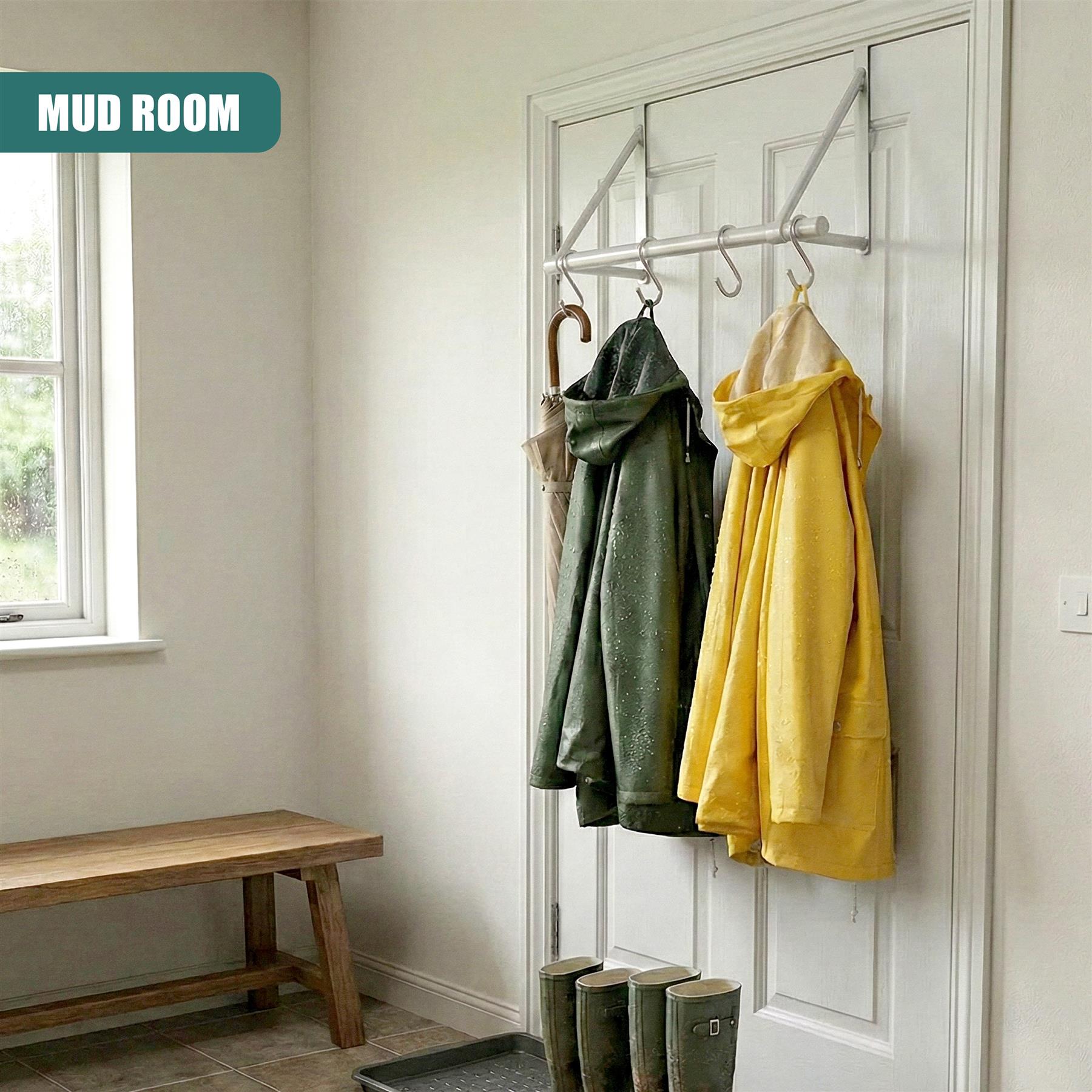 A white, wall-mounted mudroom organizer with a sturdy metal frame and multiple hooks for hanging. It features a hanging rail, a shoe rack, and a bench, all made of wood. The design is simple and modern, with a focus on functionality. - The Magic Toy Shop