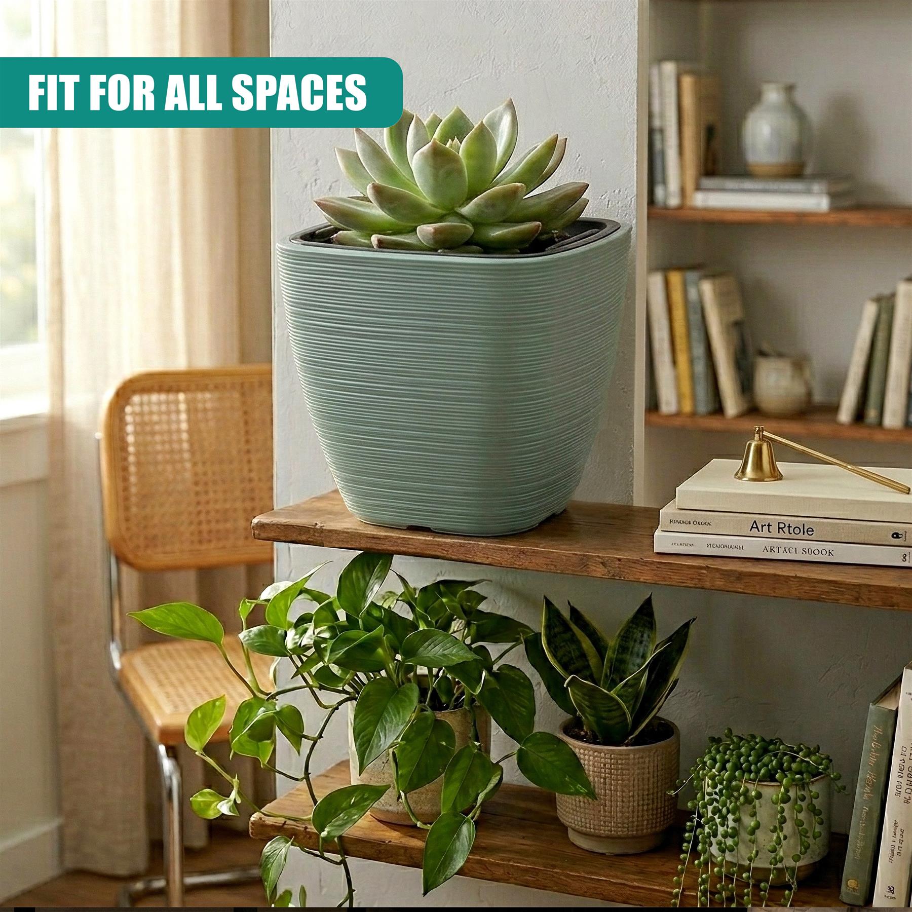 Large, ribbed, light blue square flower pot holding several green succulents on a wooden shelf.