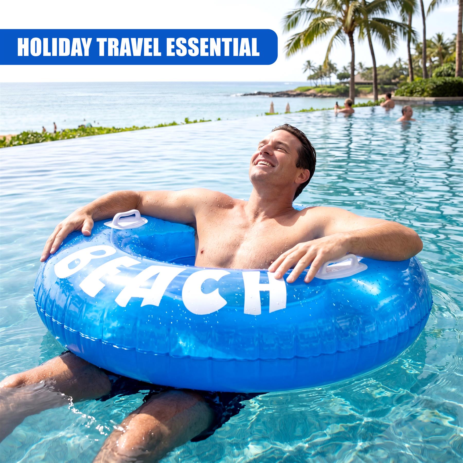 A man floats in a pool on a blue inflatable ring displaying the white word BEACH.