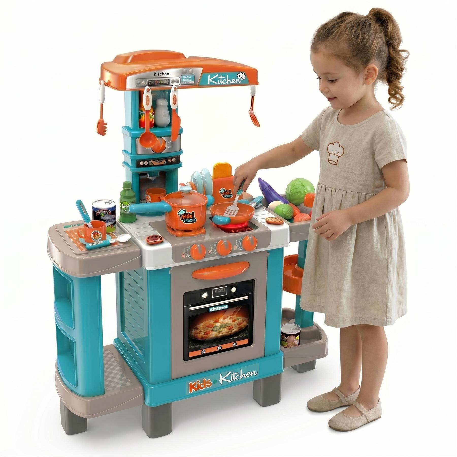 A child interacts with a multi-level, turquoise toy kitchen playset, surrounded by play accessories.