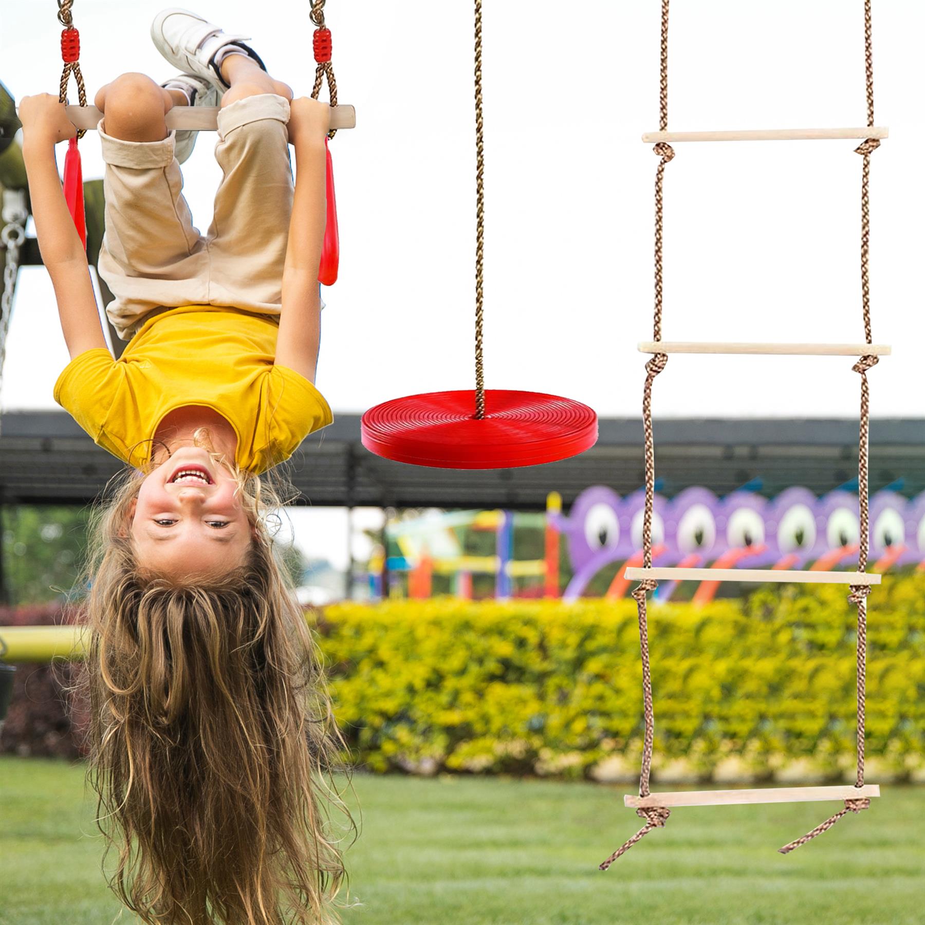 Wooden Trapeze Swing, Rope Ladder & Red Plate Seat by The Magic Toy Shop - The Magic Toy Shop