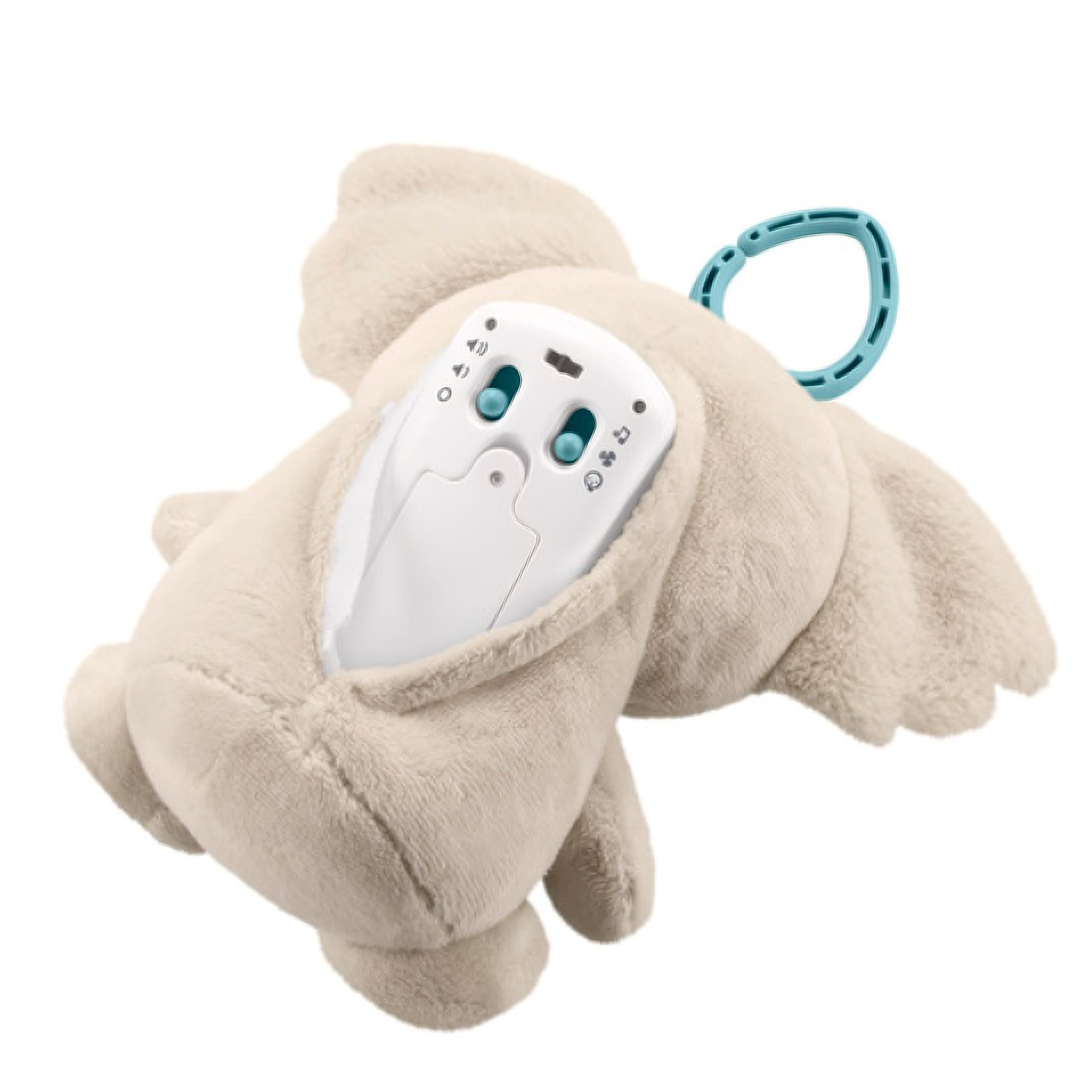 Tan plush koala toy featuring a white electronic module with buttons and a blue ring attachment.