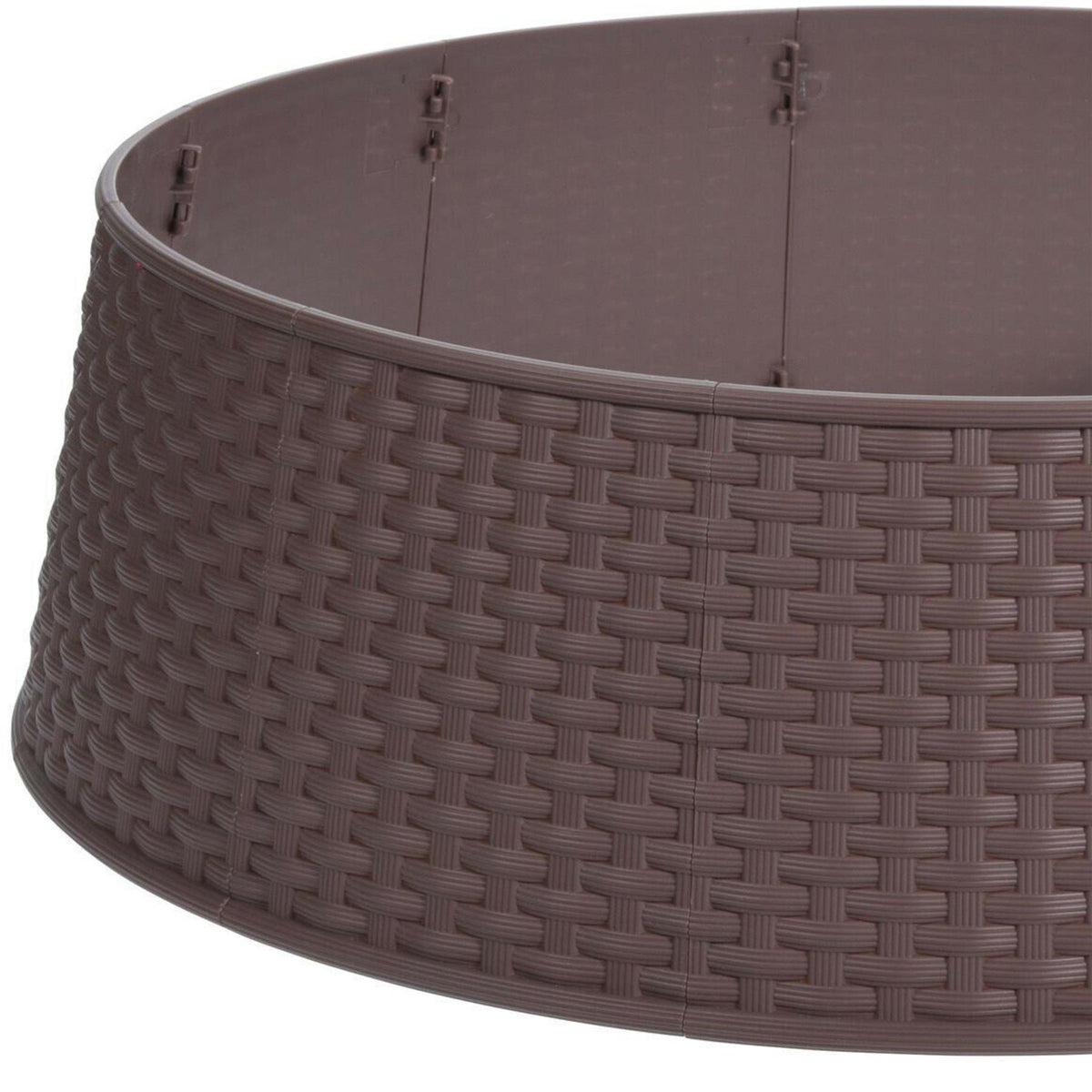 Brown GEEZY Christmas tree skirt with a basket weave pattern, shown in detail