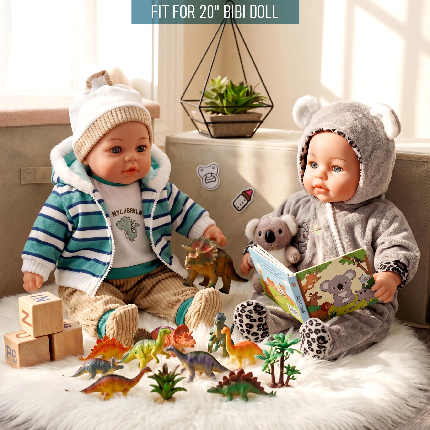 Two dolls dressed in outfits play with dinosaurs, a book, and various small toys.