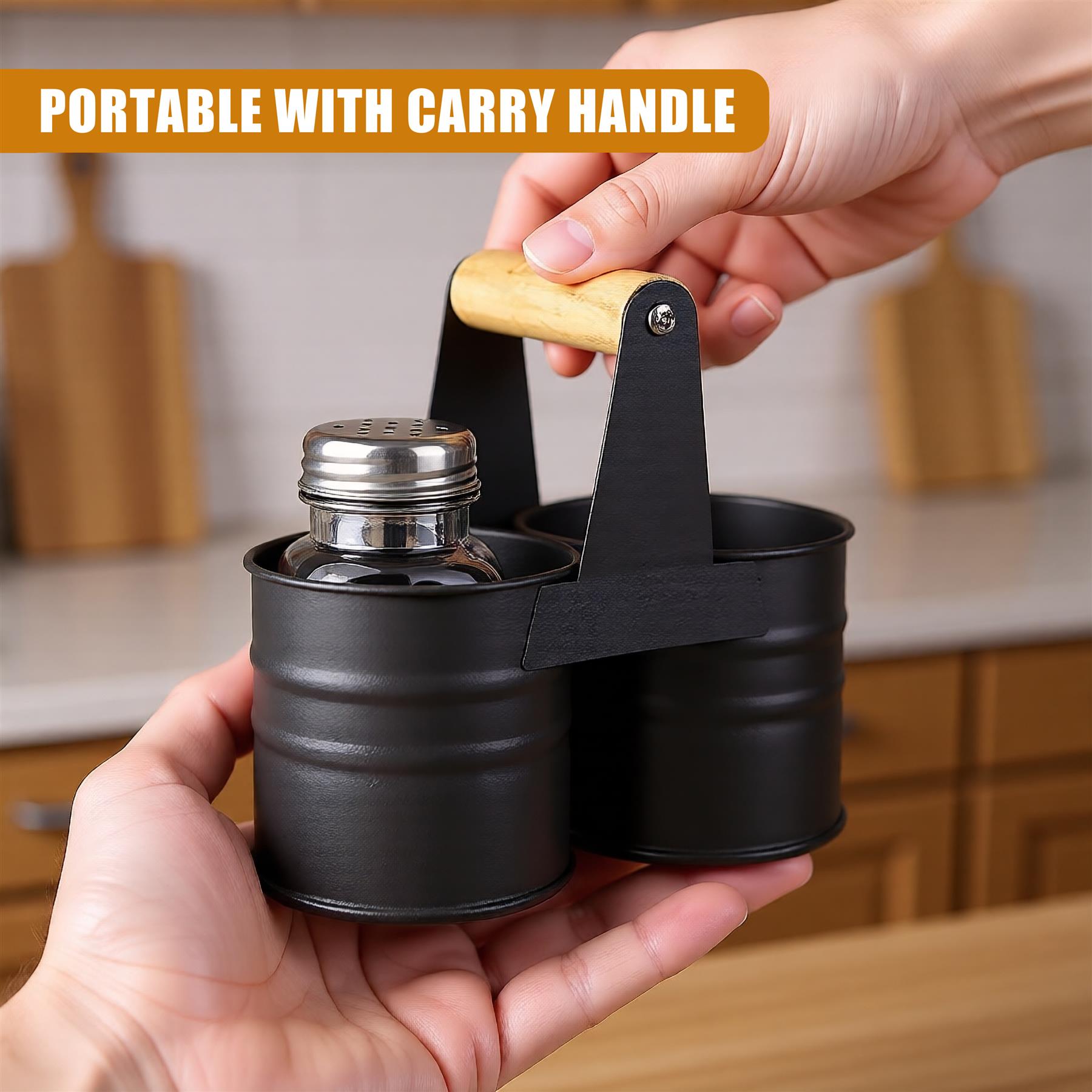 A person's hands hold a black portable condiment holder with a wooden handle. The holder has three separate compartments for salt, pepper, and another seasoning, with a small wooden handle for easy carrying. - The Magic Toy Shop