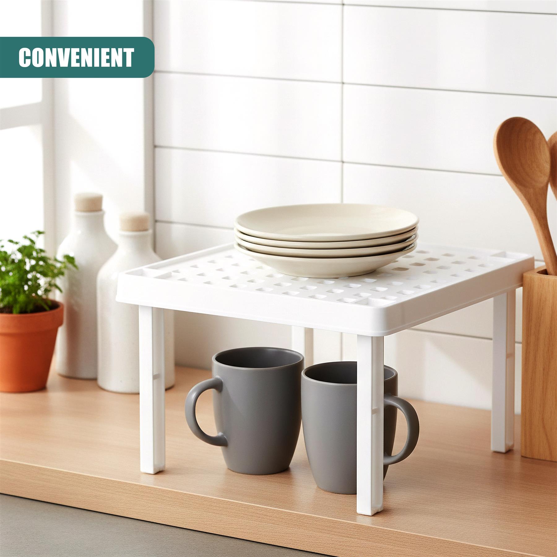A white, two-tiered storage rack with a tray on top and a shelf below. It is designed to hold and organize various items, such as dishes, cups, and utensils. The rack is made of a durable, easy-to-clean material, making it perfect for use in kitchens, bathrooms, or any other area where space is limited. The tray on top provides a stable surface for placing items, while the shelf below offers additional storage space. The rack is also easy to clean, making it a practical solution for ke… - The Magic Toy Shop