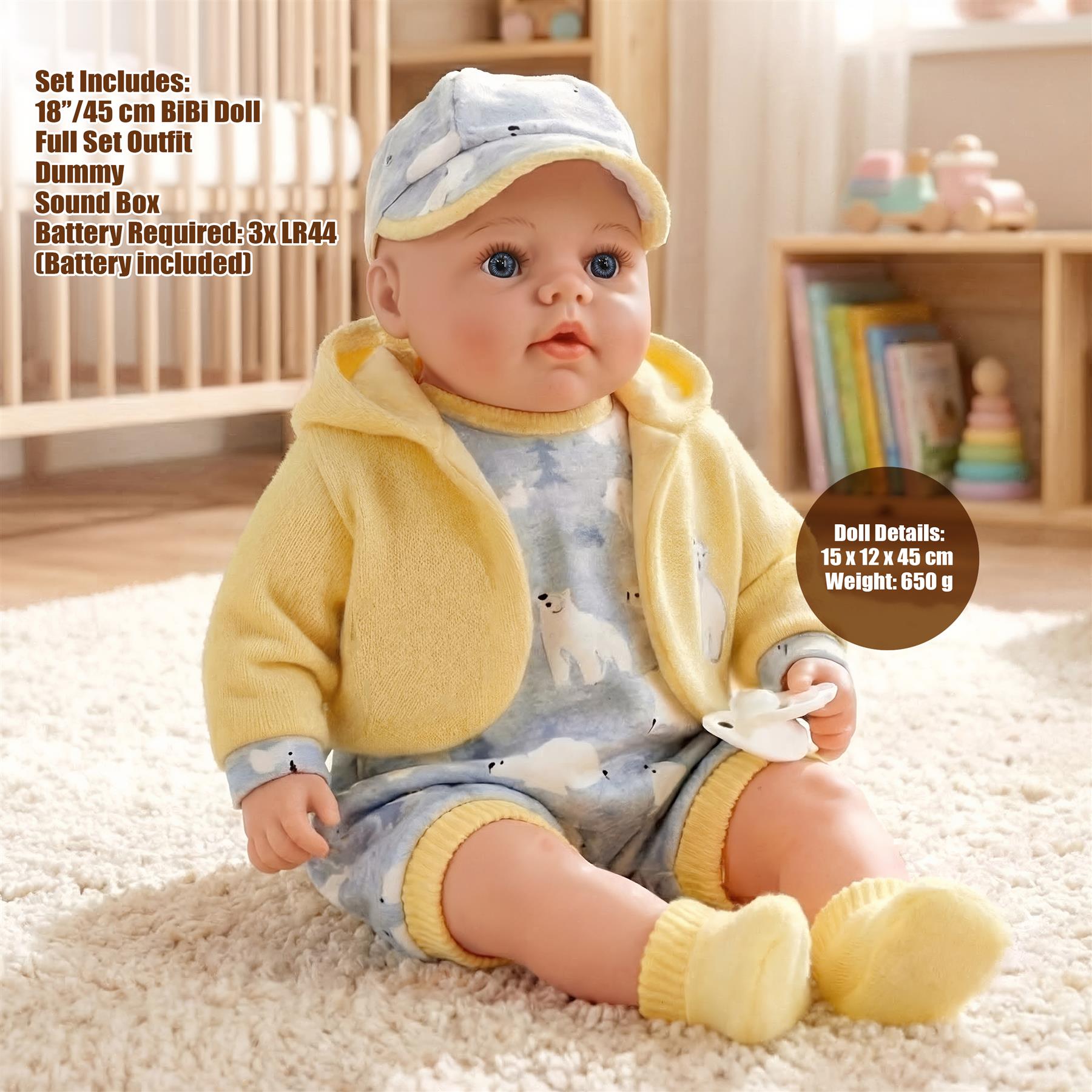 Baby Doll With Dummy & Sounds Yellow