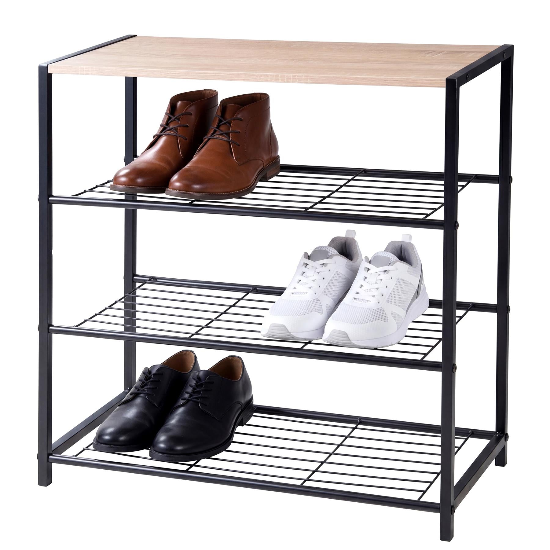 Three-tiered black shoe rack with a top shelf, displaying various pairs of dress and athletic shoes.