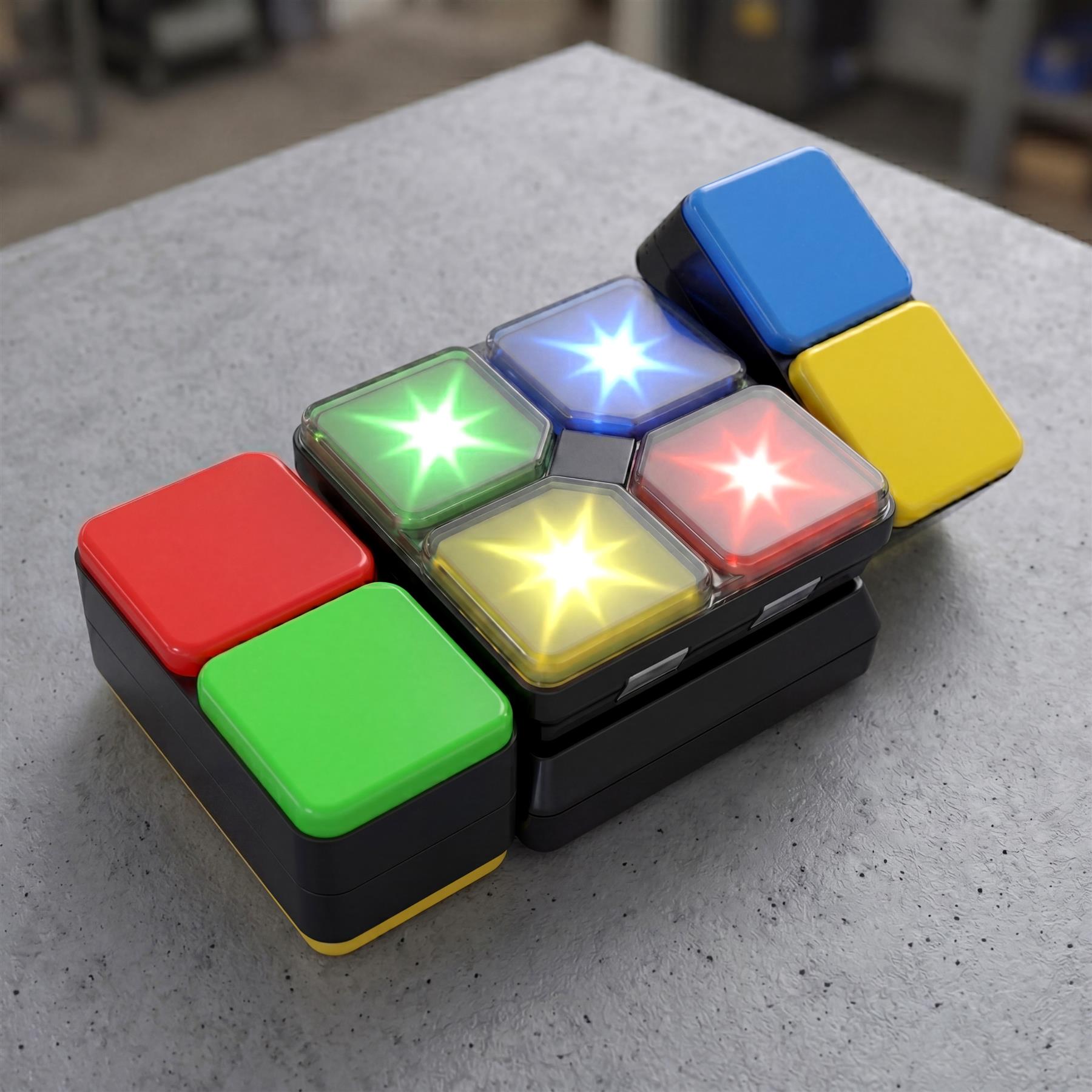Handheld puzzle cube showing various colored blocks like red, green, blue, and yellow.