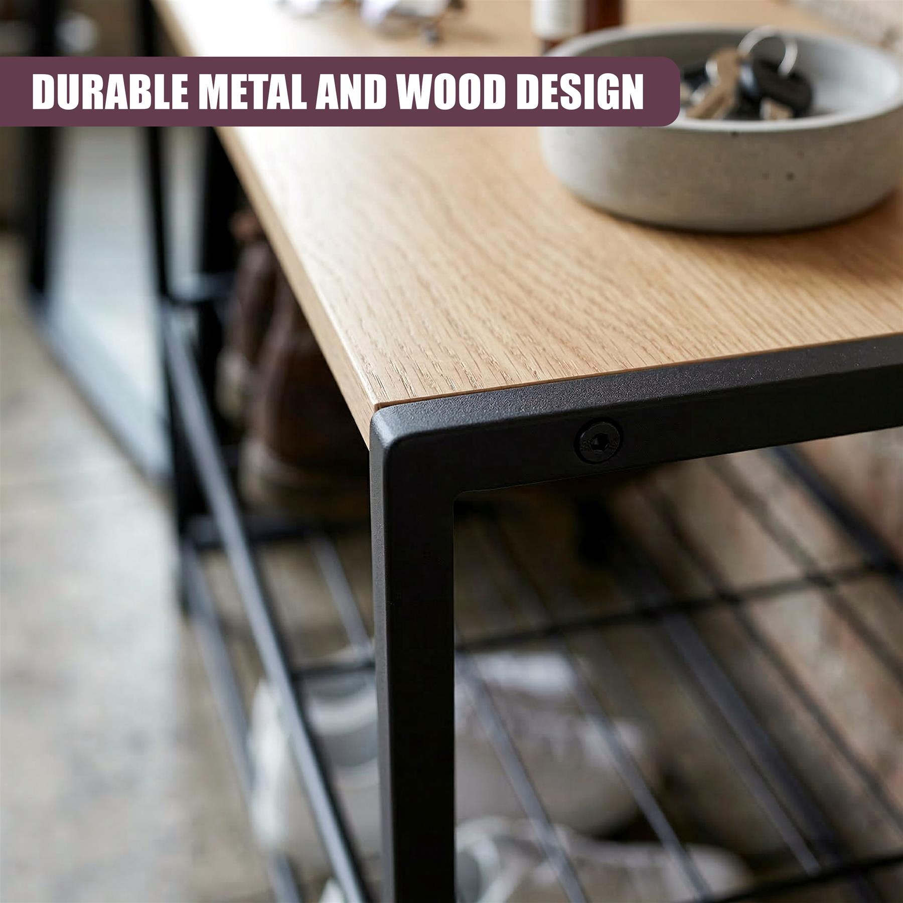 A rectangular wooden top sits on a metal frame over a visible shoe storage grid.