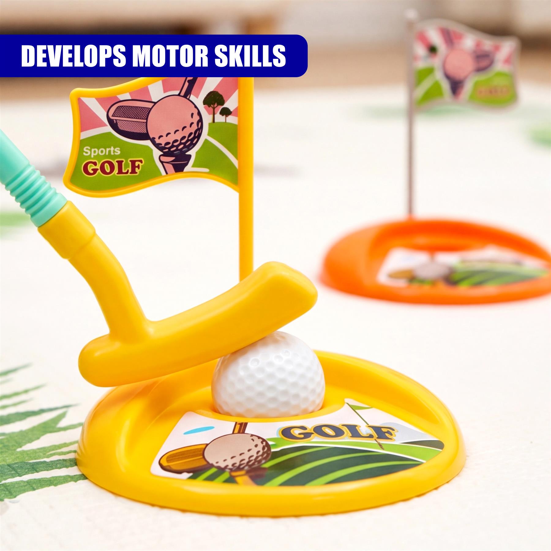 Yellow plastic children's golf club, ball, and green hitting set displayed.