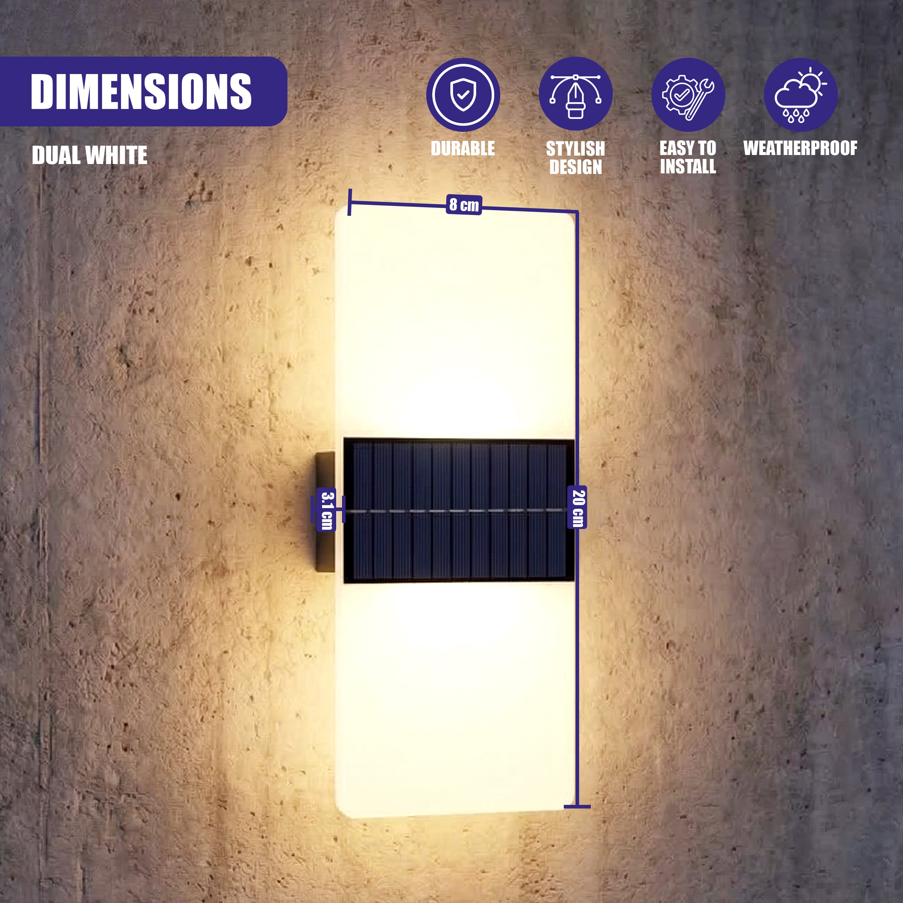 Modern acrylic wall light fixture with a vertical illuminated diffuser and attached rectangular solar panel base.