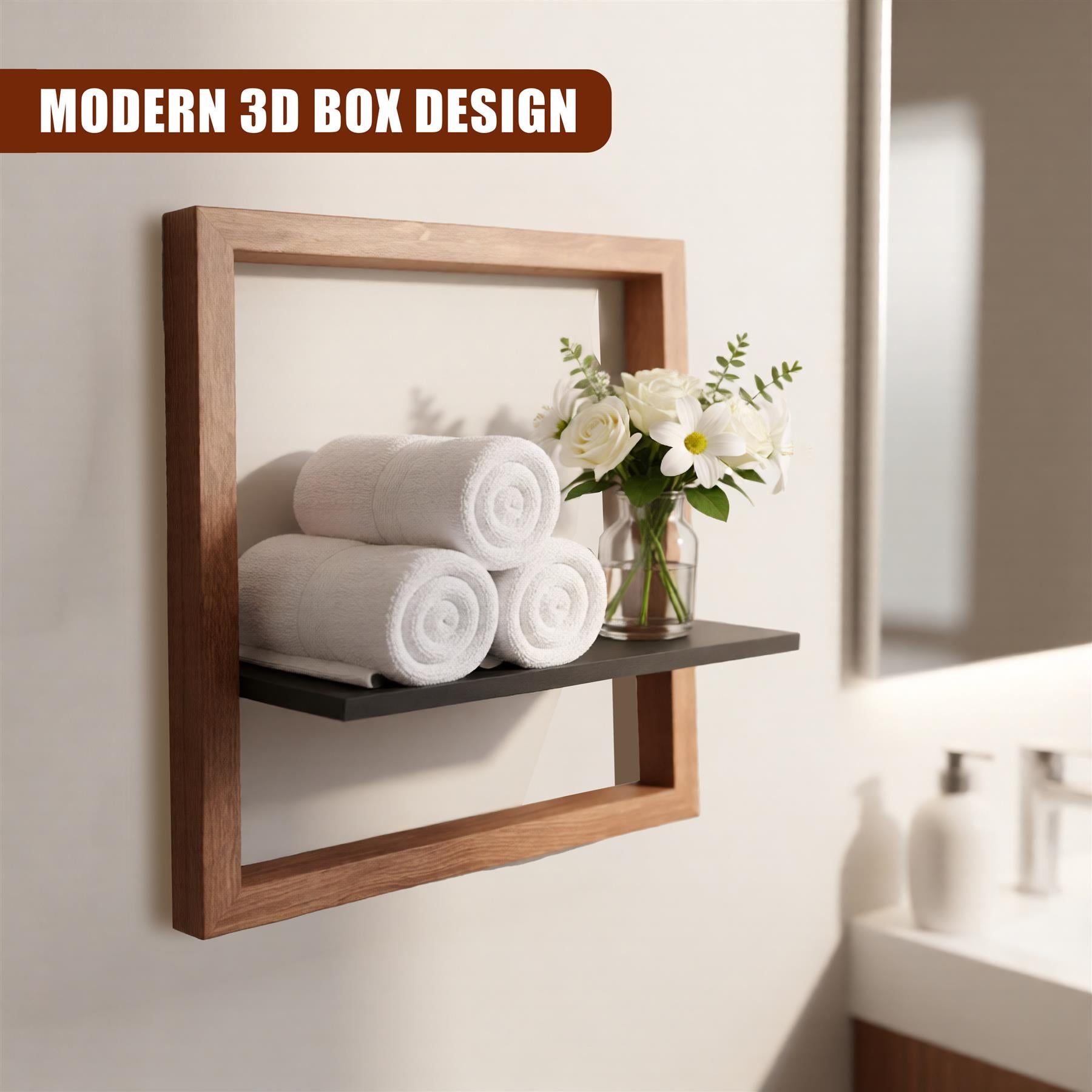 Square wooden floating shelf, a modern addition to your bathroom decor. Perfect for holding towels, toiletries or displaying stylish items, it's an elegant and functional storage solution that seamlessly blends into any bathroom design. - The Magic Toy Shop