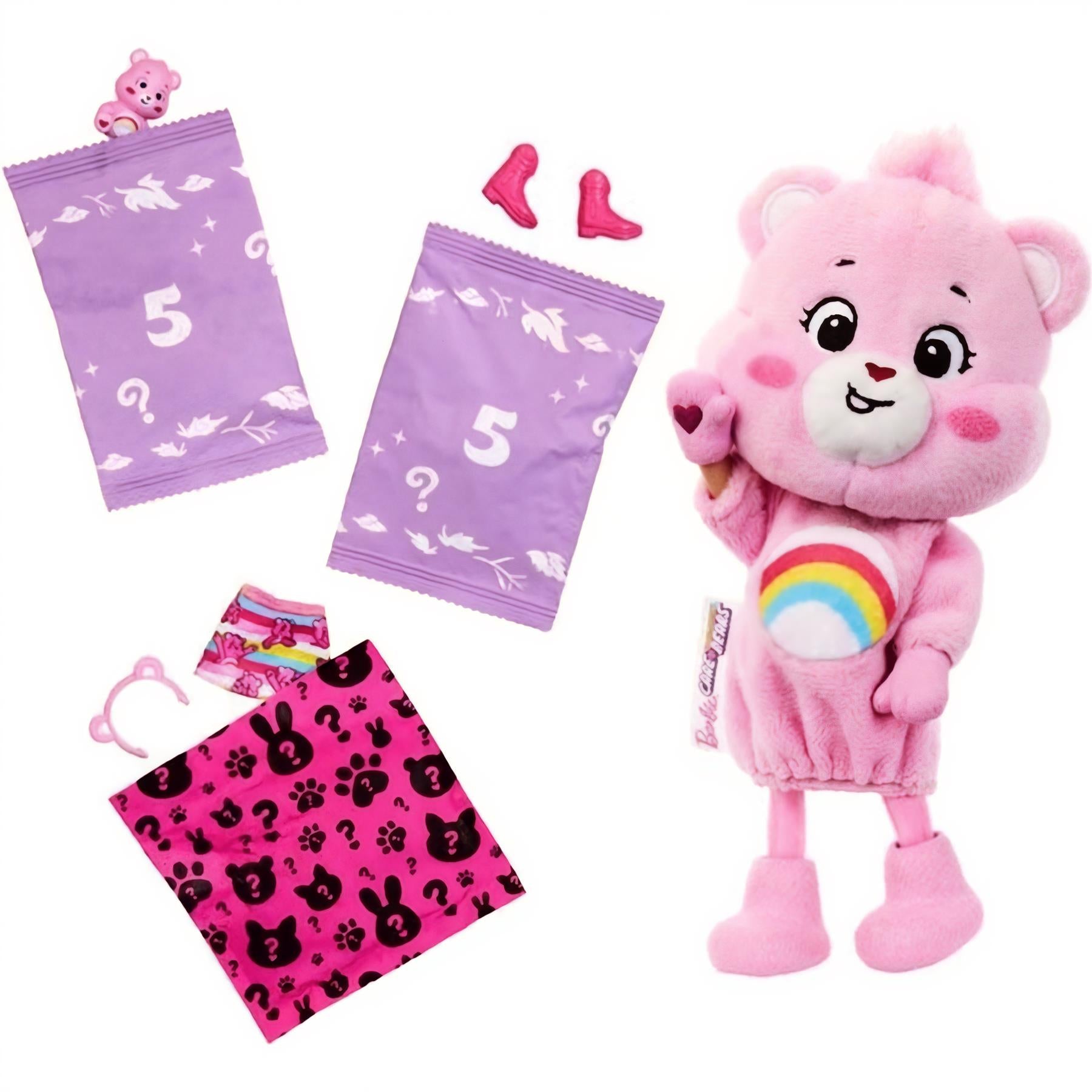 A plush Care Bear doll and set of pouches displaying paw prints, numbers, and question marks.