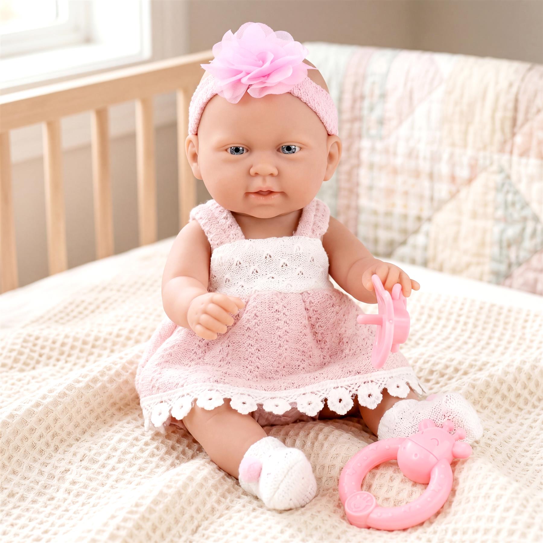 Doll wearing pink clothing holds a teething toy, resting on a textured, light-colored blanket.