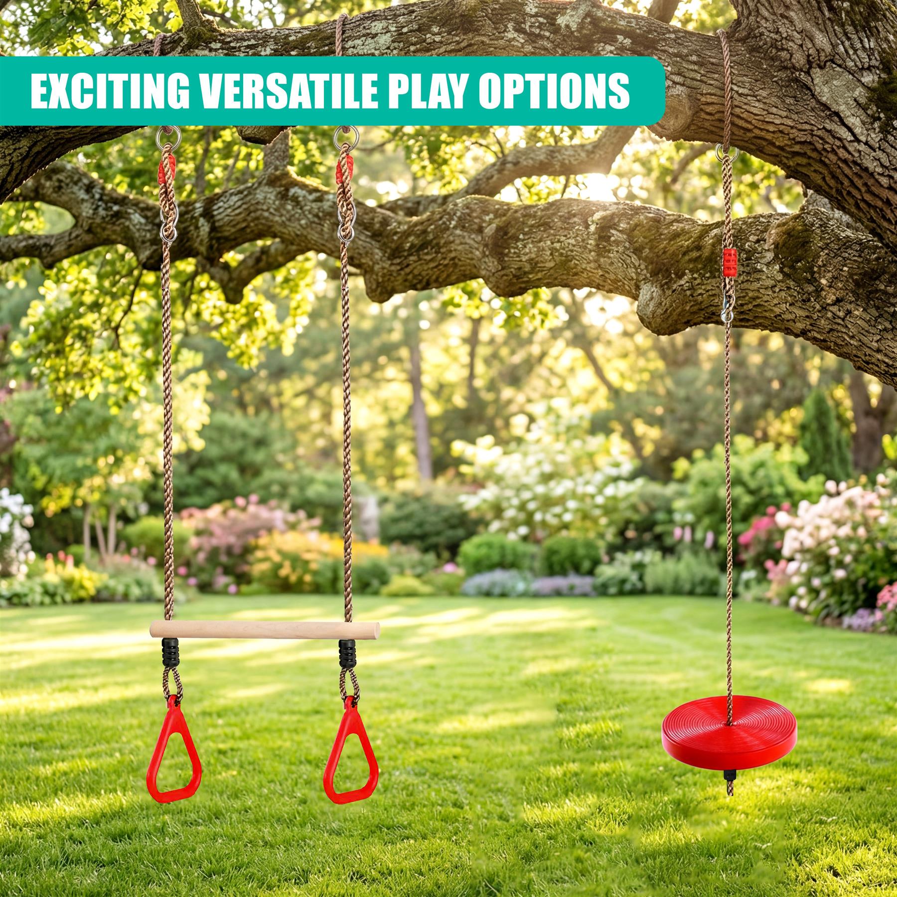 Trapeze bar and two bucket seats hang from a branch, alongside a separate round swing seat.