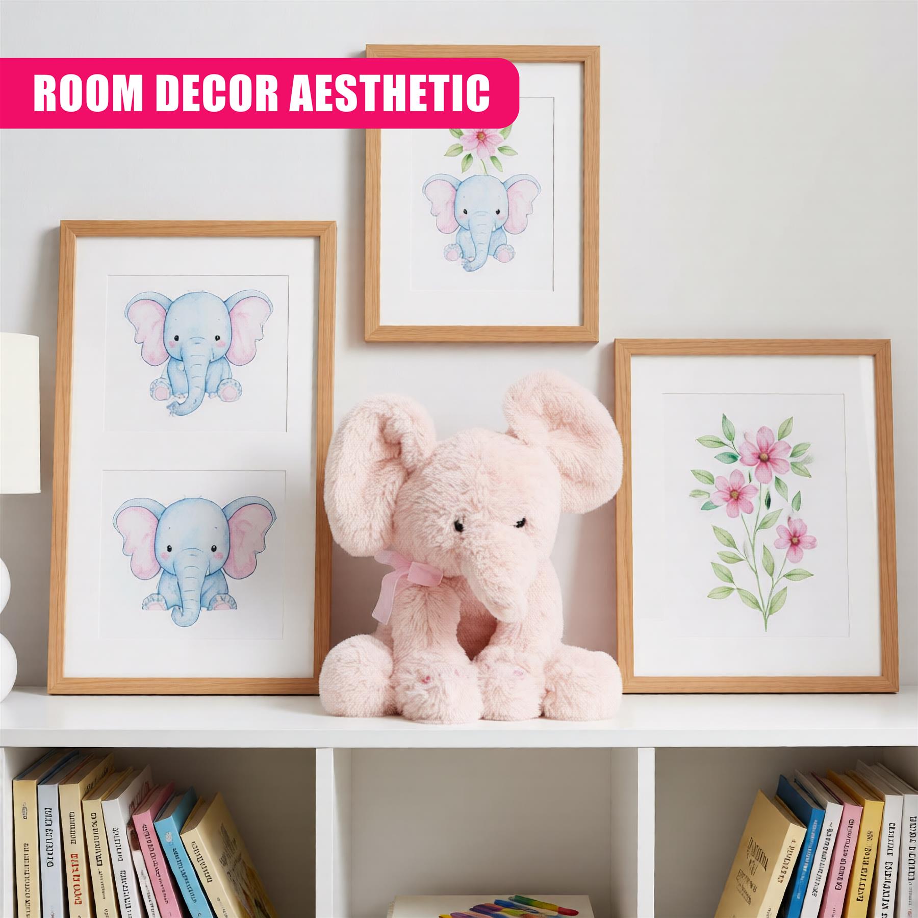 Pink plush toy elephant sits on a shelf surrounded by framed art prints.