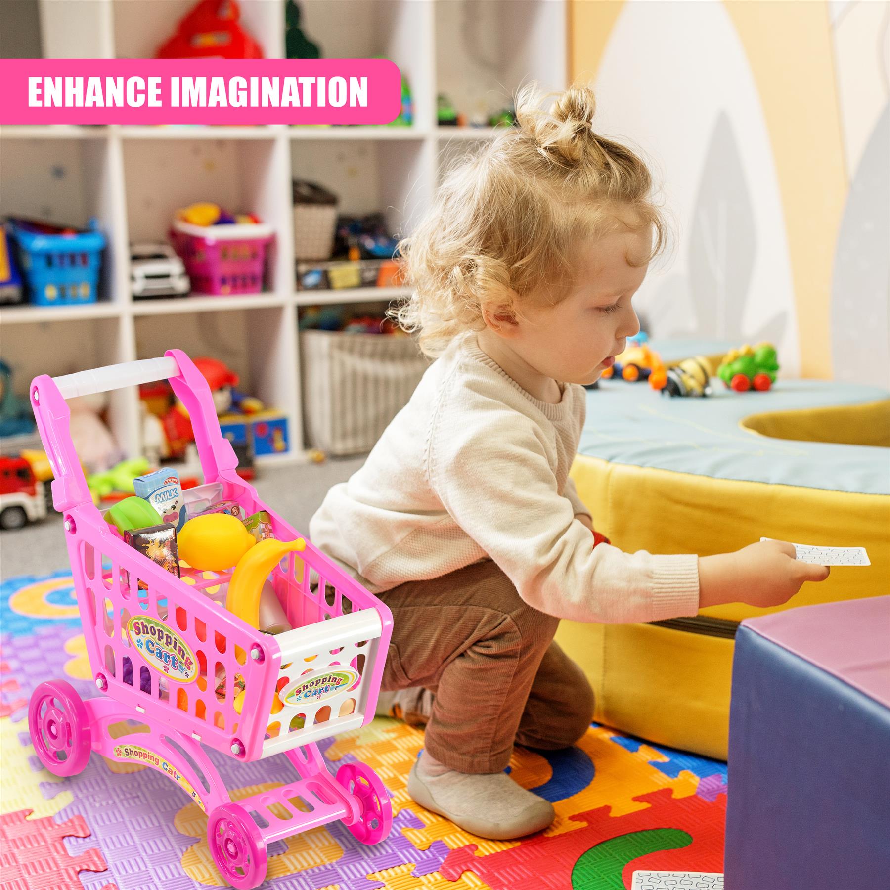 Pink Shopping Trolley Cart Play Food Set by The Magic Toy Shop - The Magic Toy Shop