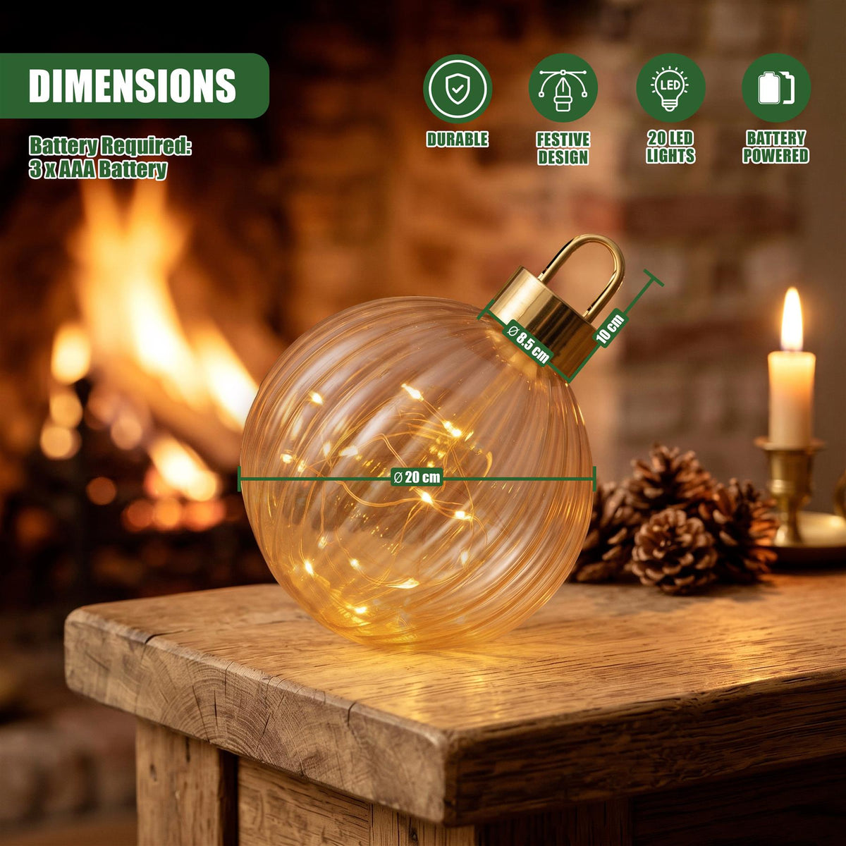 Light Up Glass Bauble, 20cm