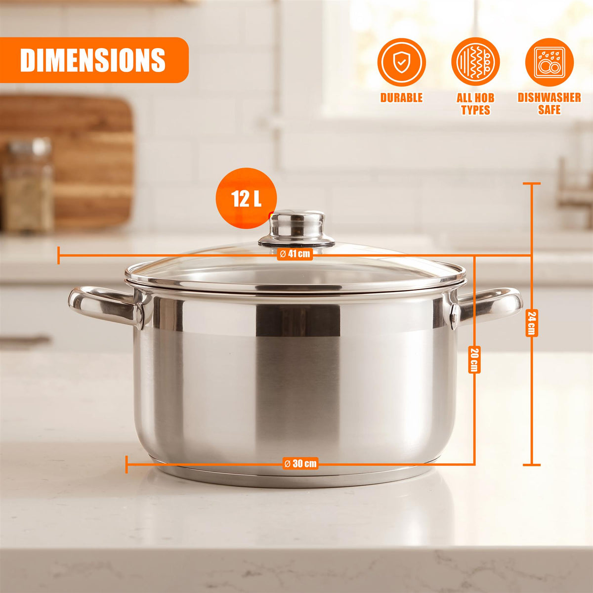 Stainless Steel Stock Pot with Lid - 12 L