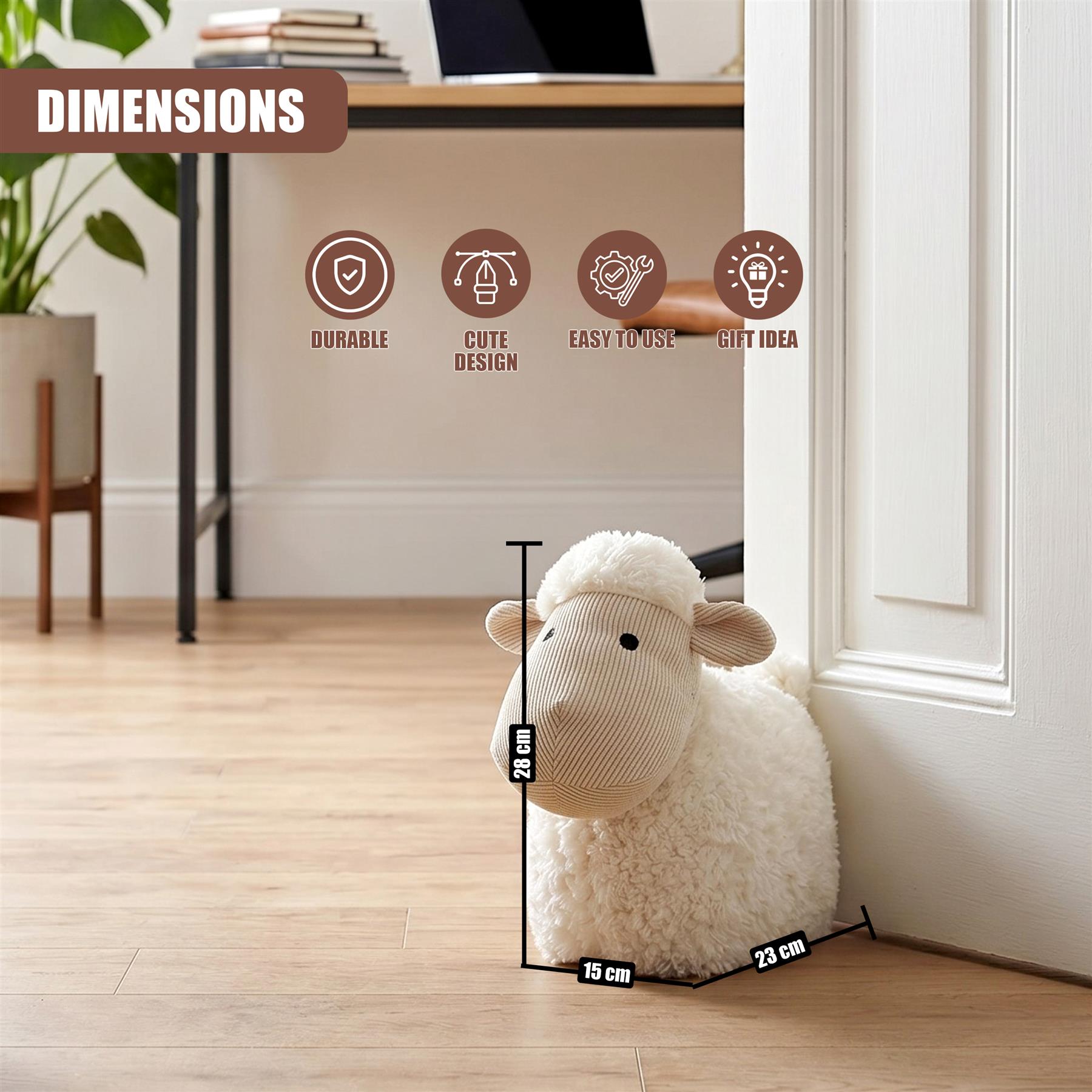 A fluffy white sheep decorative door stopper rests against a white door frame indoors.