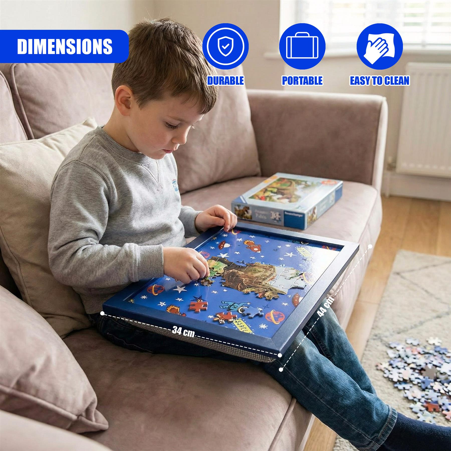 A child sits on a sofa using a patterned lap tray featuring a natural space design.