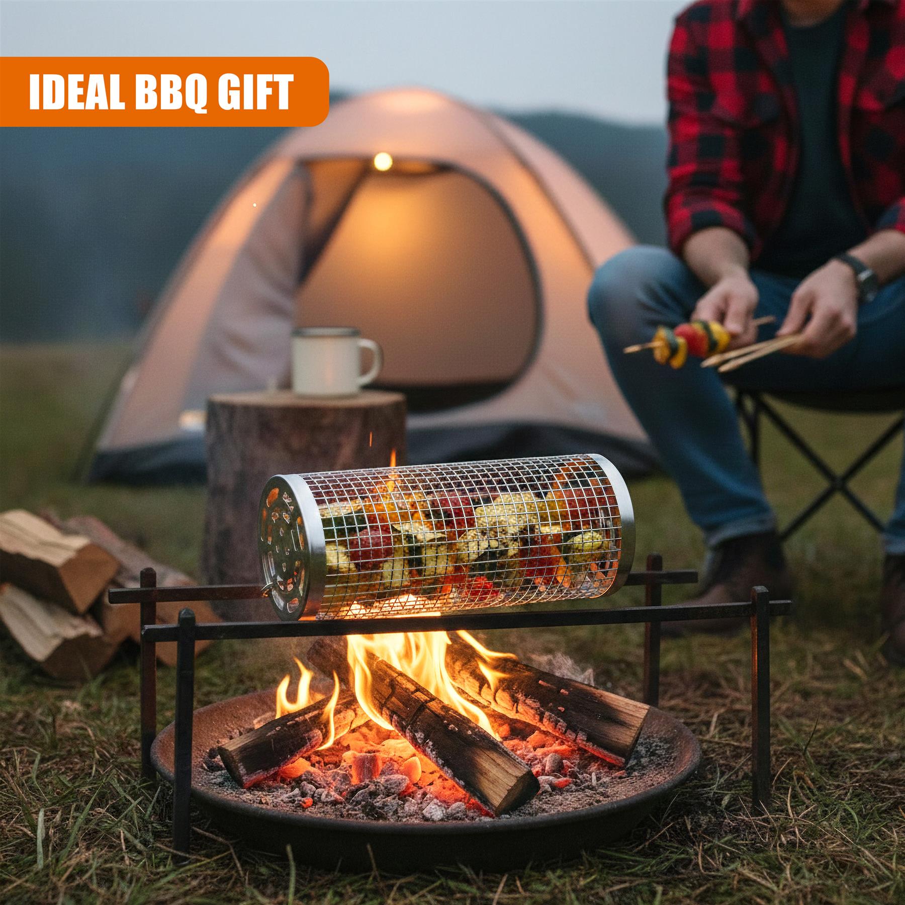 Metal grilling basket positioned above burning wood logs and glowing coals.