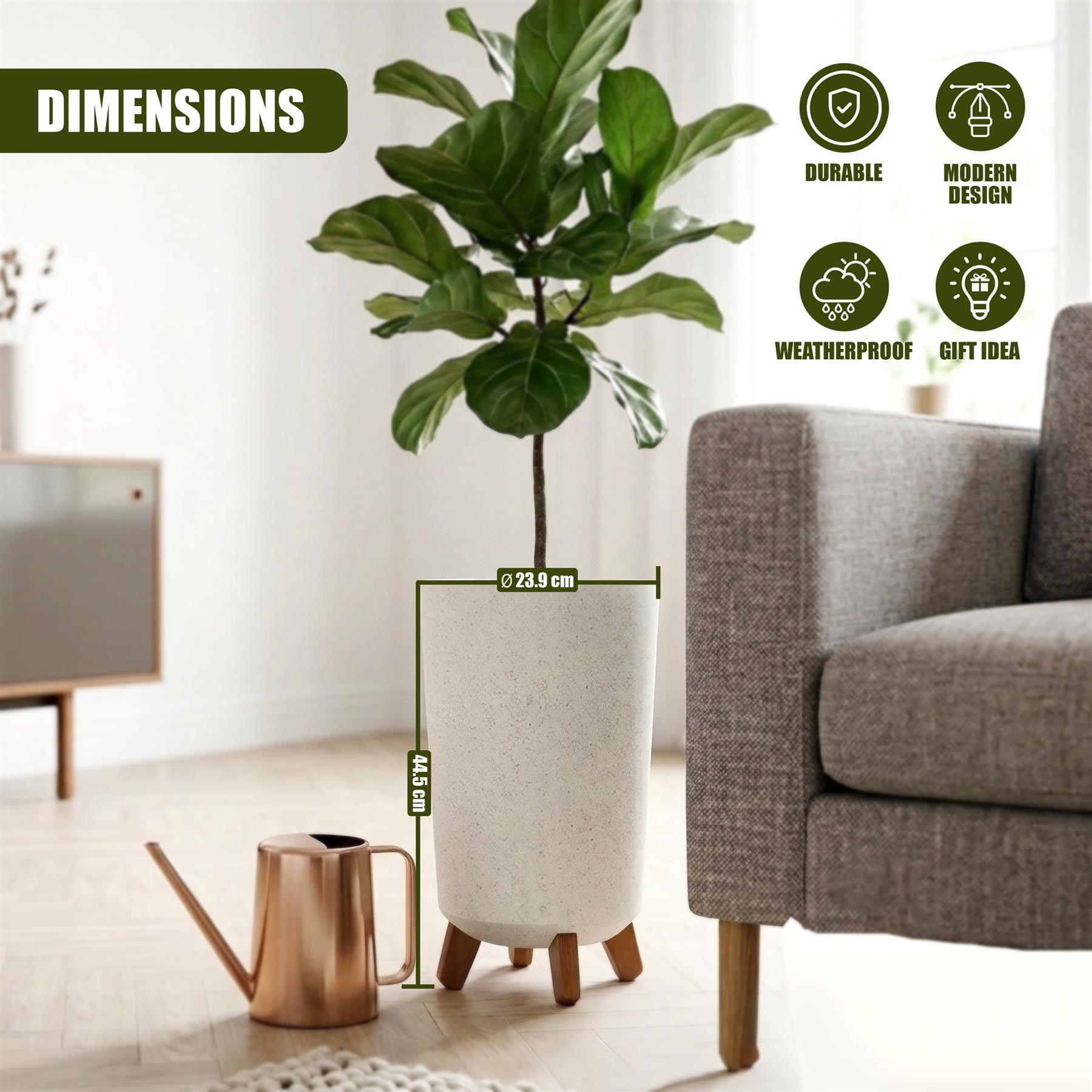 Tall indoor plant housed in a textured, cream-colored ceramic pot raised on wooden legs.