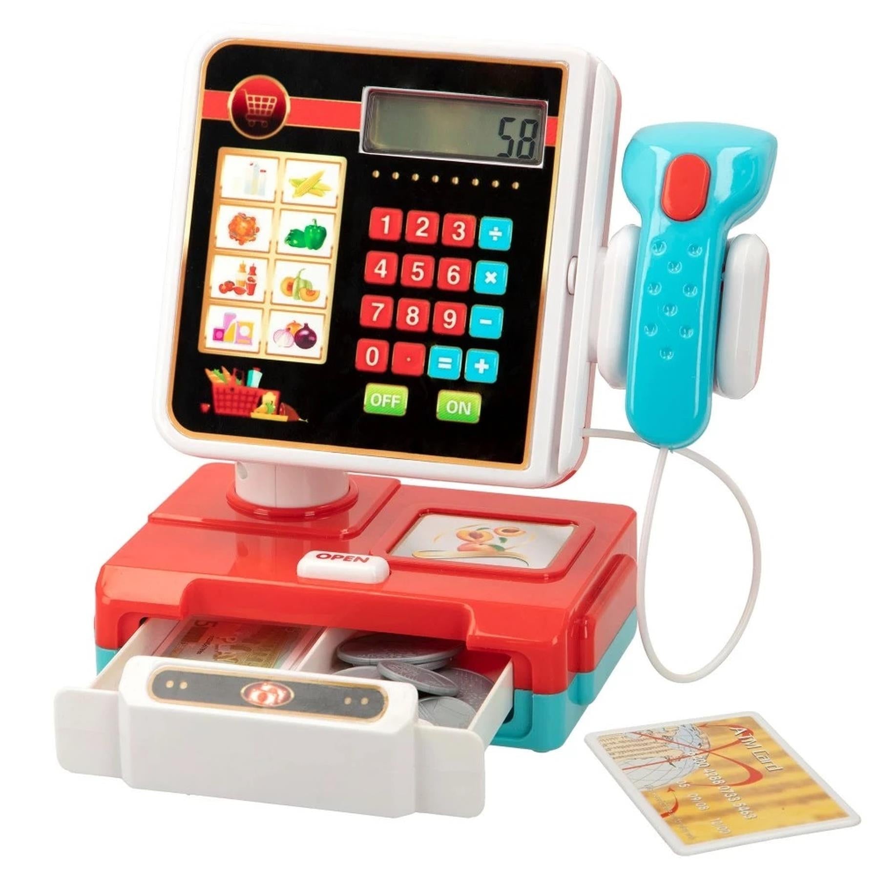 A children's toy set includes a cash register, keypad, blue scanner, and plastic play money.