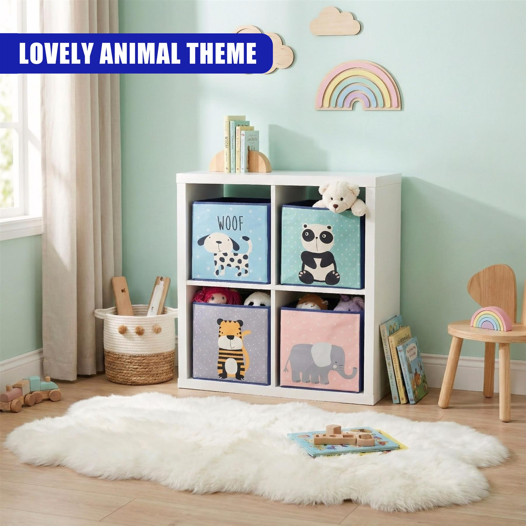 Stylish storage boxes with animal designs on a light blue wall. - The Magic Toy Shop