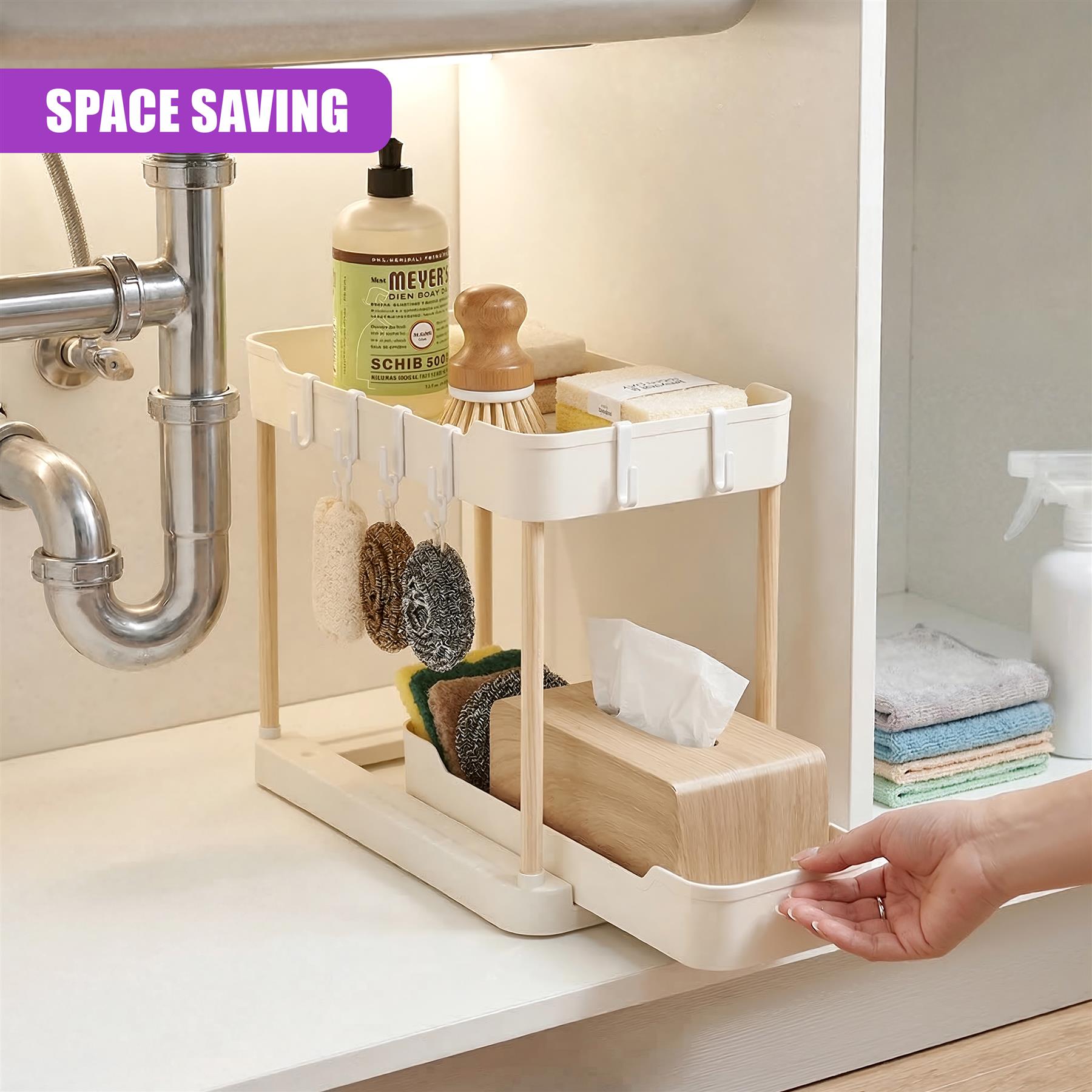 Modular two-tier organizer unit for holding soap dispensers, washcloths, and bathroom supplies.