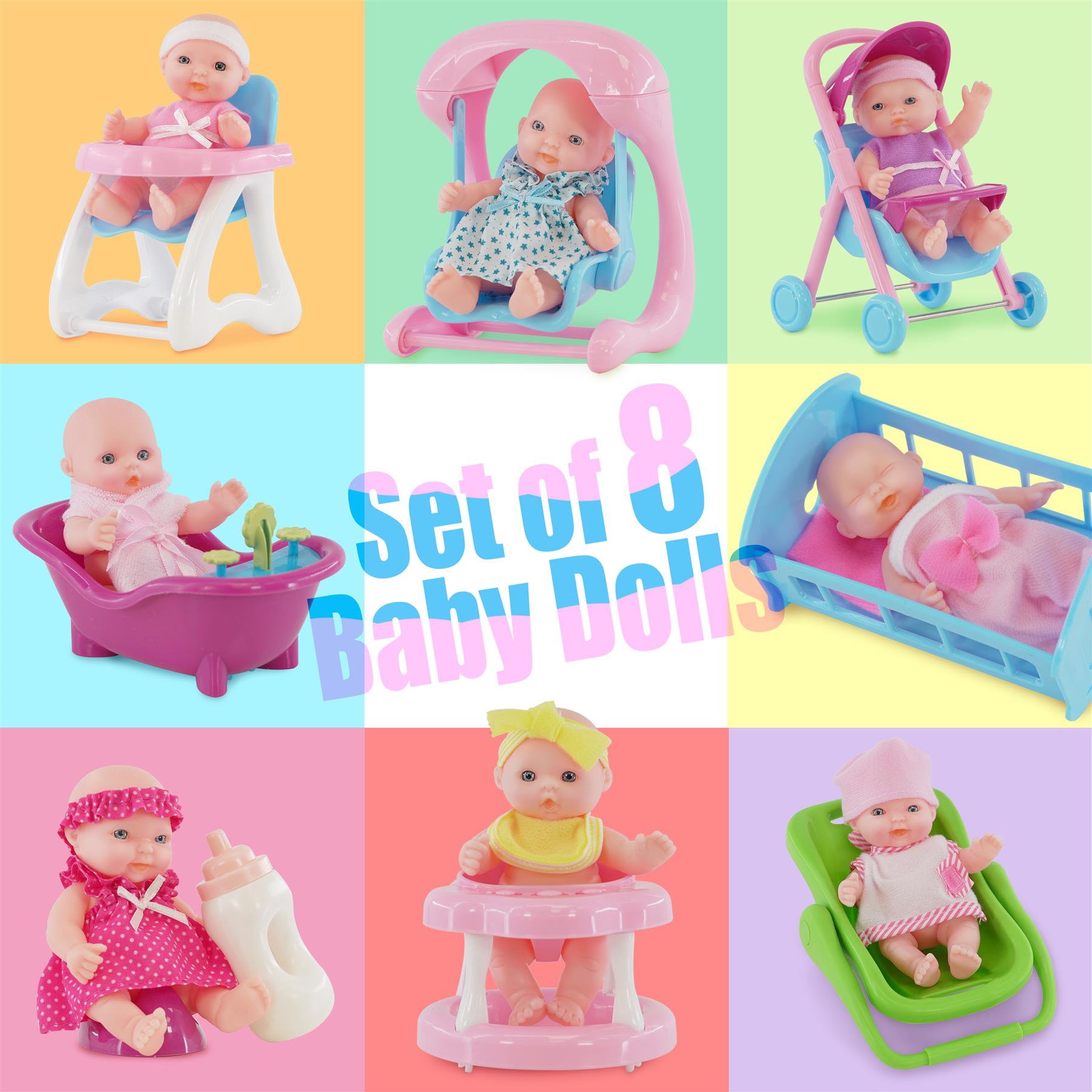 Set of 8 Baby Dolls with Costumes and Accessories by BiBi Doll - The Magic Toy Shop