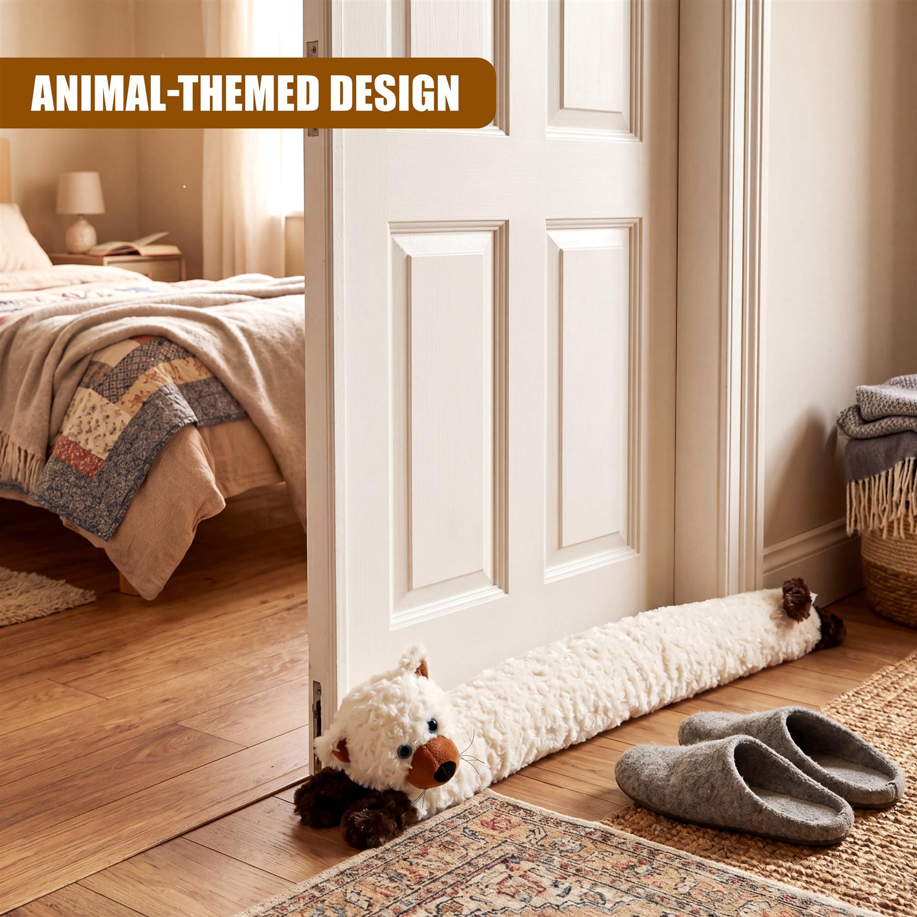 Novelty cream draught excluder with an animal face lying horizontally against a white door.