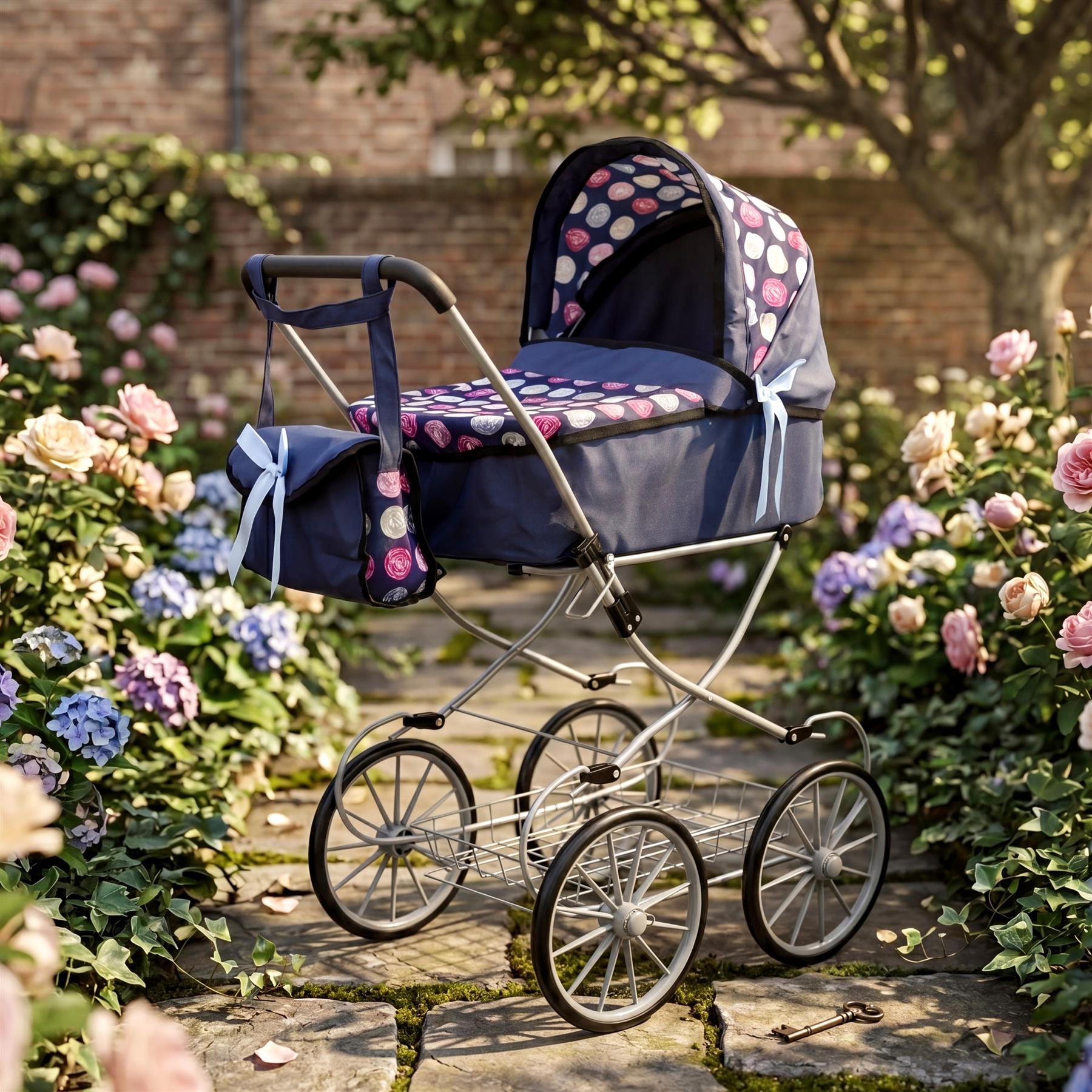 Blue doll pram with patterned canopy and four metal-spoked wheels rests on the path.