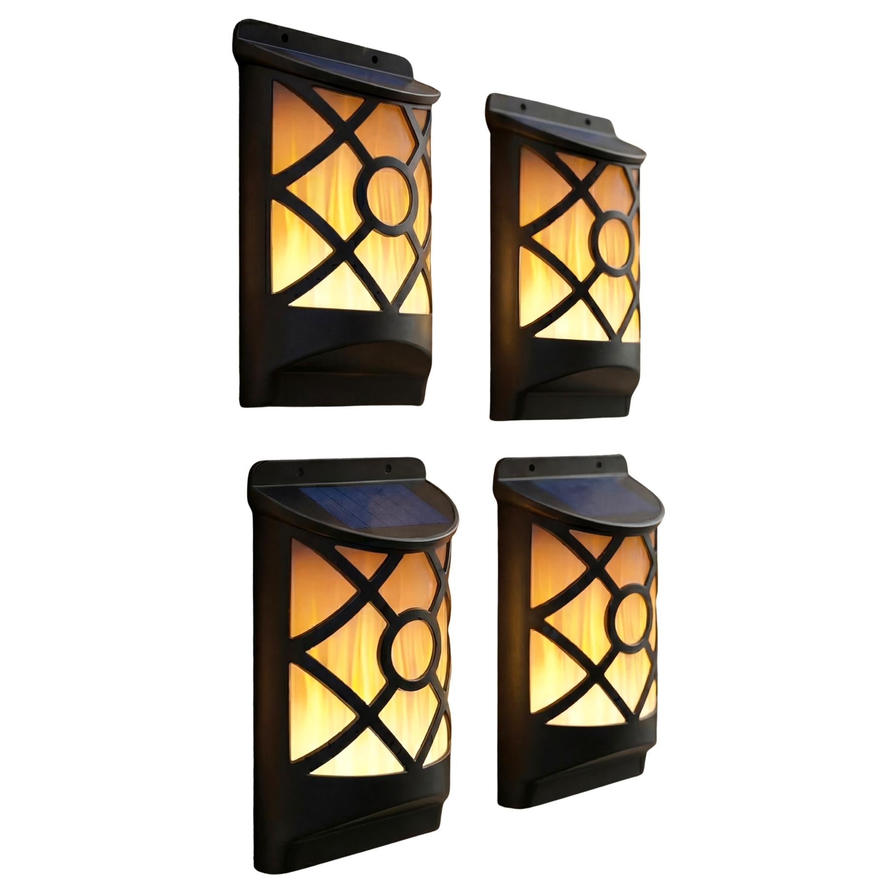 Three dark wall sconces with latticed panels and illuminated inner glass sections.