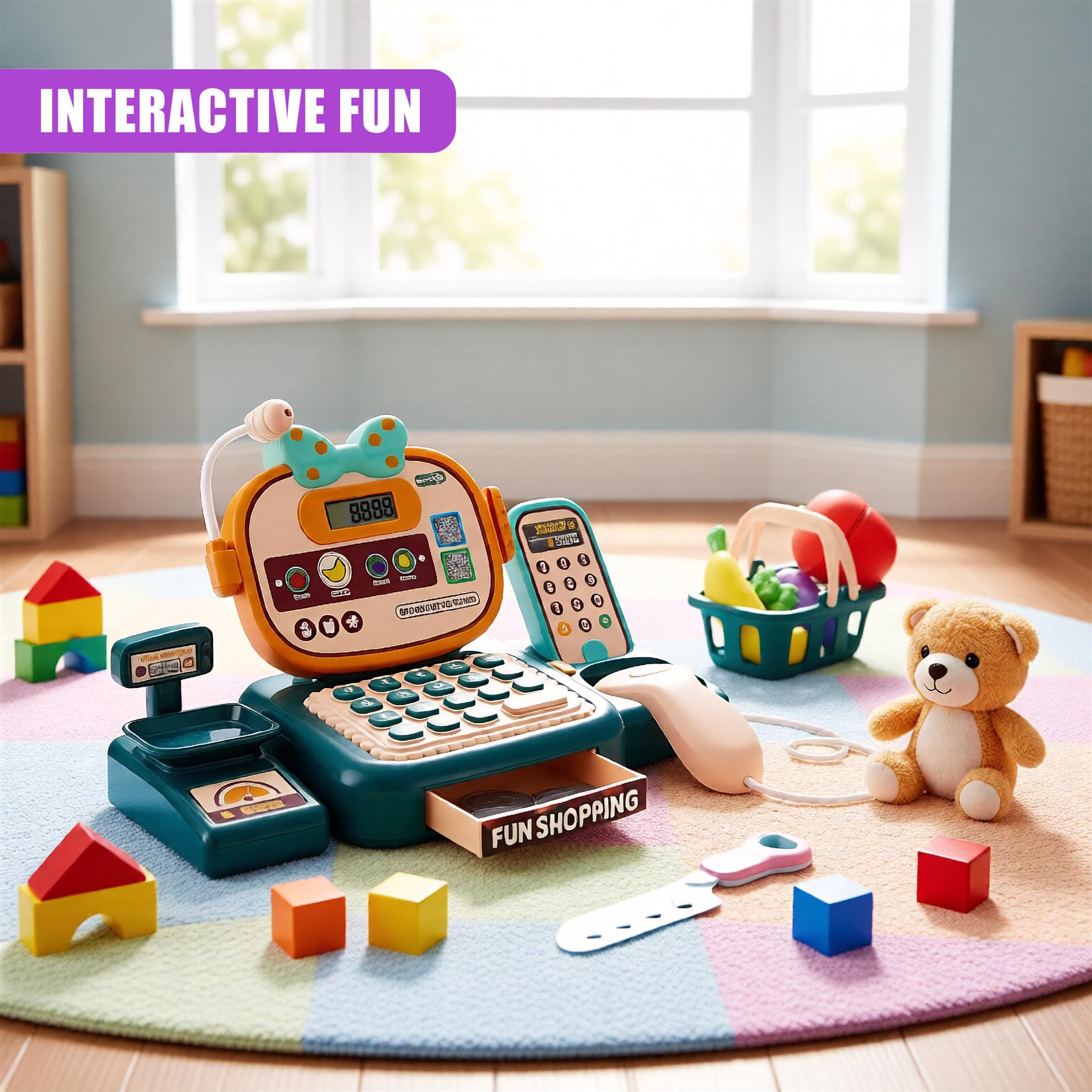 A toy shopping experience for kids, featuring a play cash register, play phone, and play credit card, with play food and play money, all on a colorful play mat. - The Magic Toy Shop