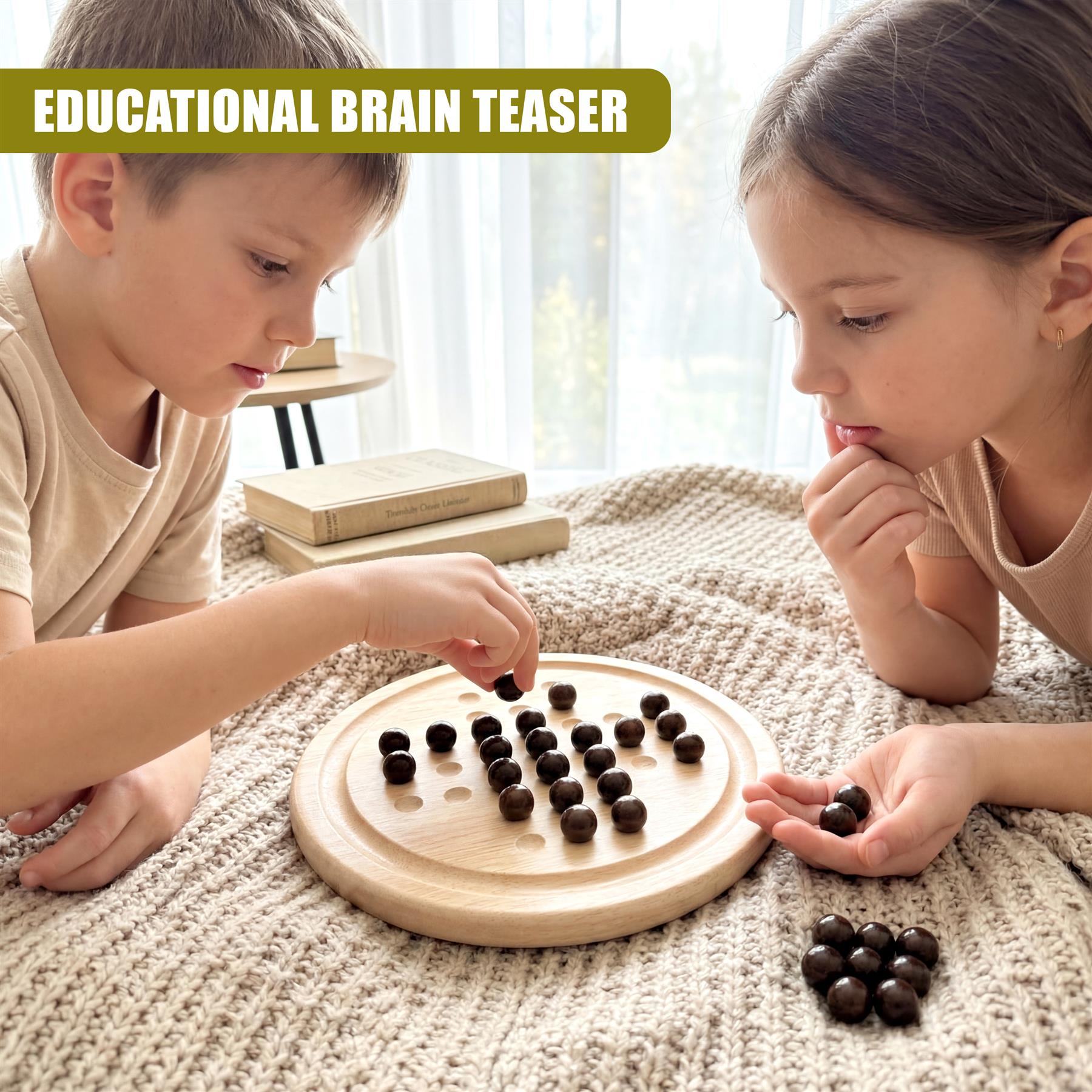 Children playing with a wooden solitaire board and dark, circular wooden game pieces.