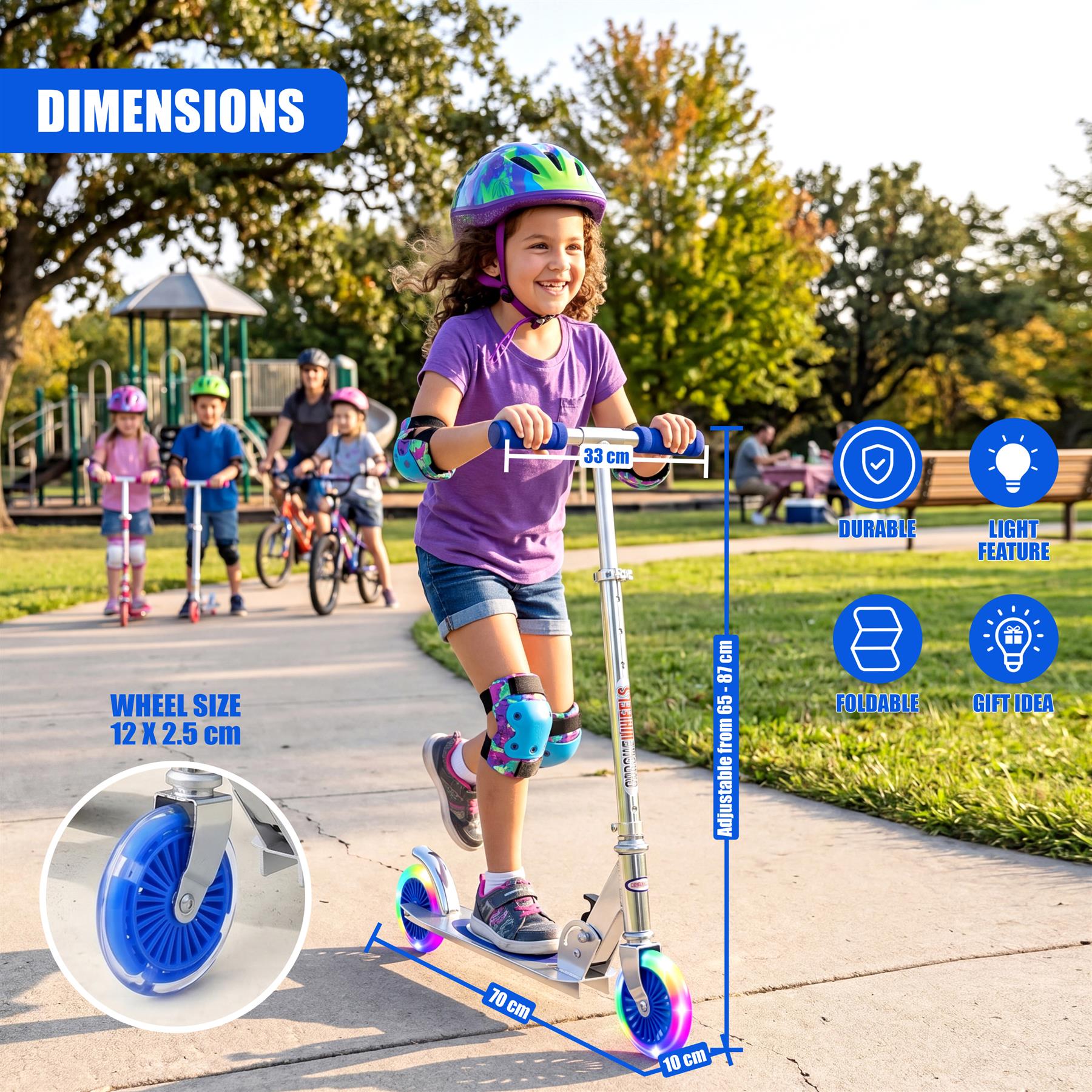 Blue kids scooter dimensions shown, featuring adjustable height and large blue wheels for stability.