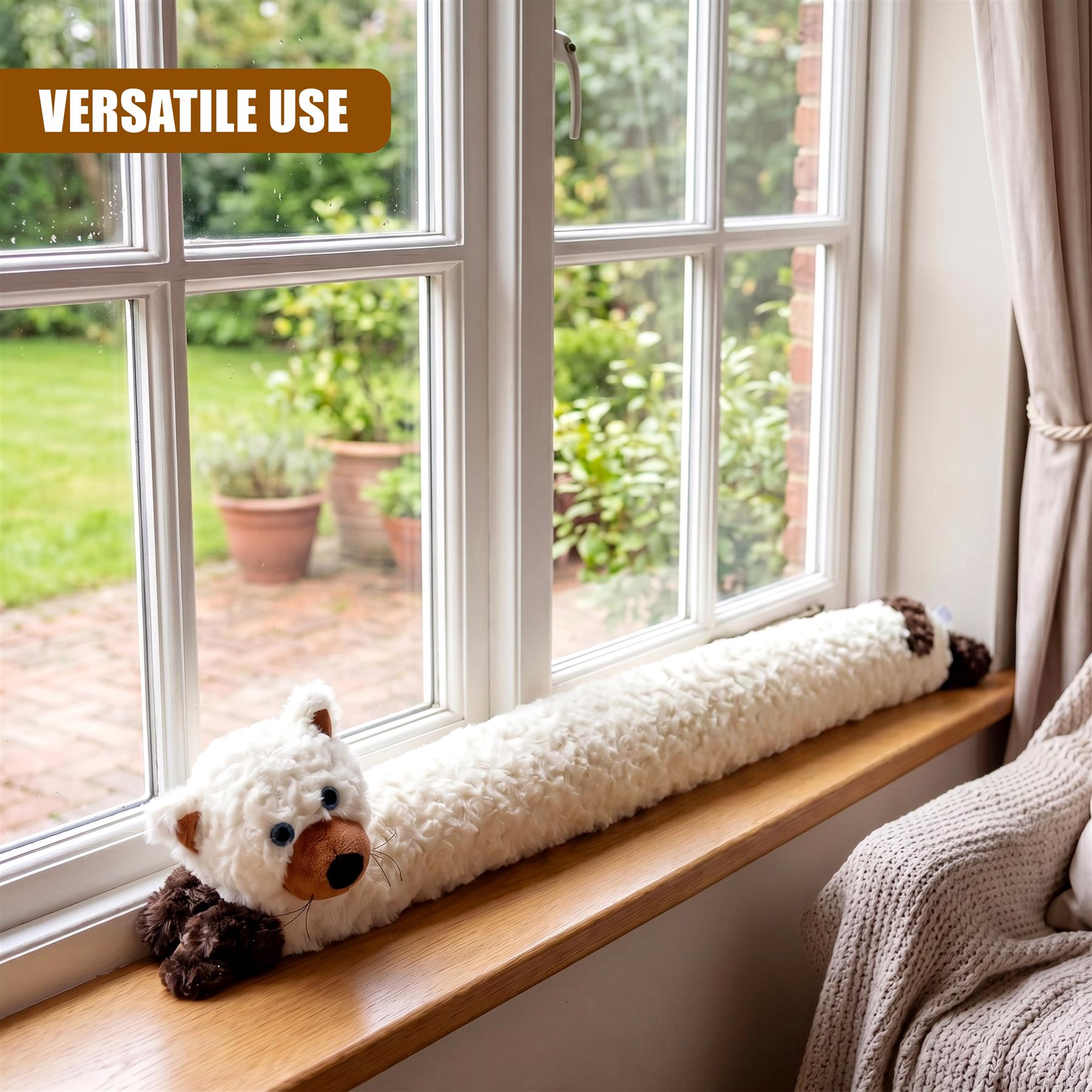 A cream, plush draught excluder shaped like an animal rests on a wooden windowsill.