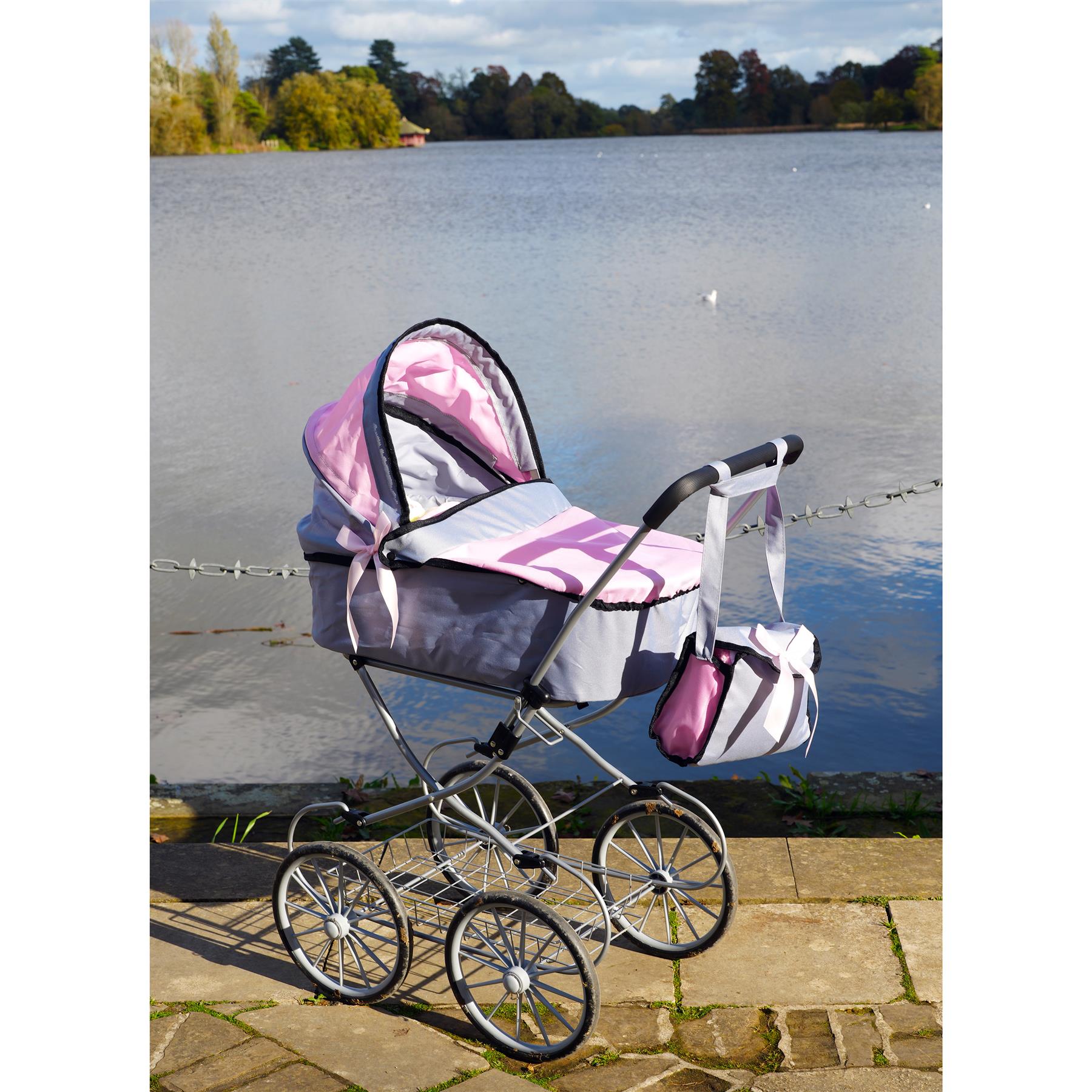 Pink and Grey Vintage Cambridge Doll Pram by BiBi Doll - The Magic Toy Shop