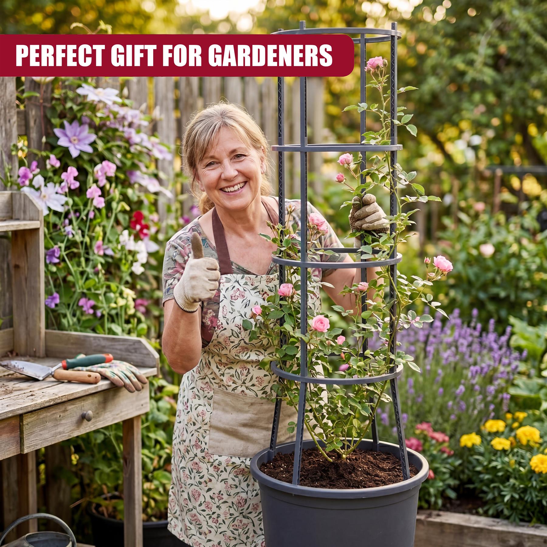 Tiered black metal garden planter pot system for growing multiple plants and tomatoes.