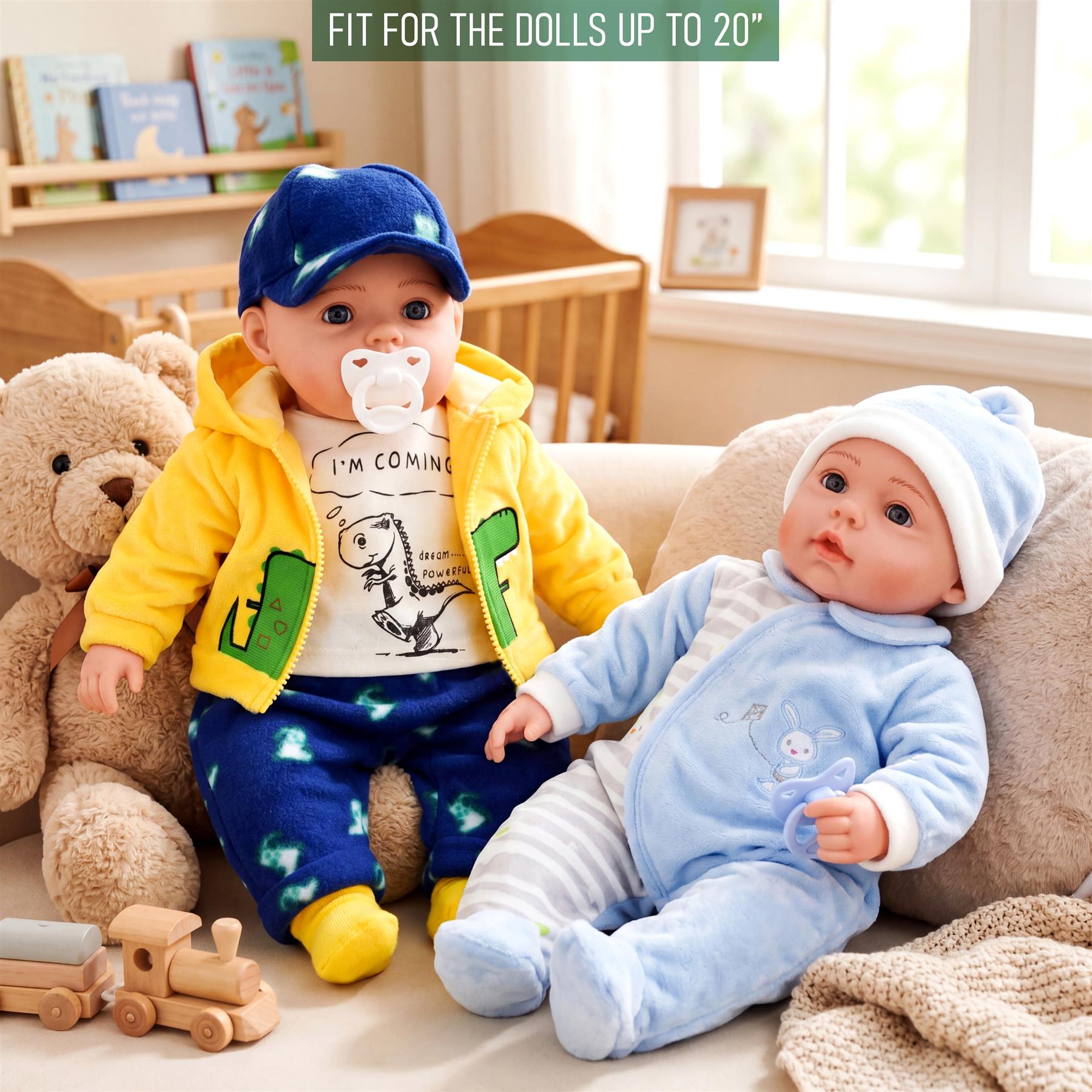 Two dolls model blue and yellow themed outfits, showcasing the available clothing set.