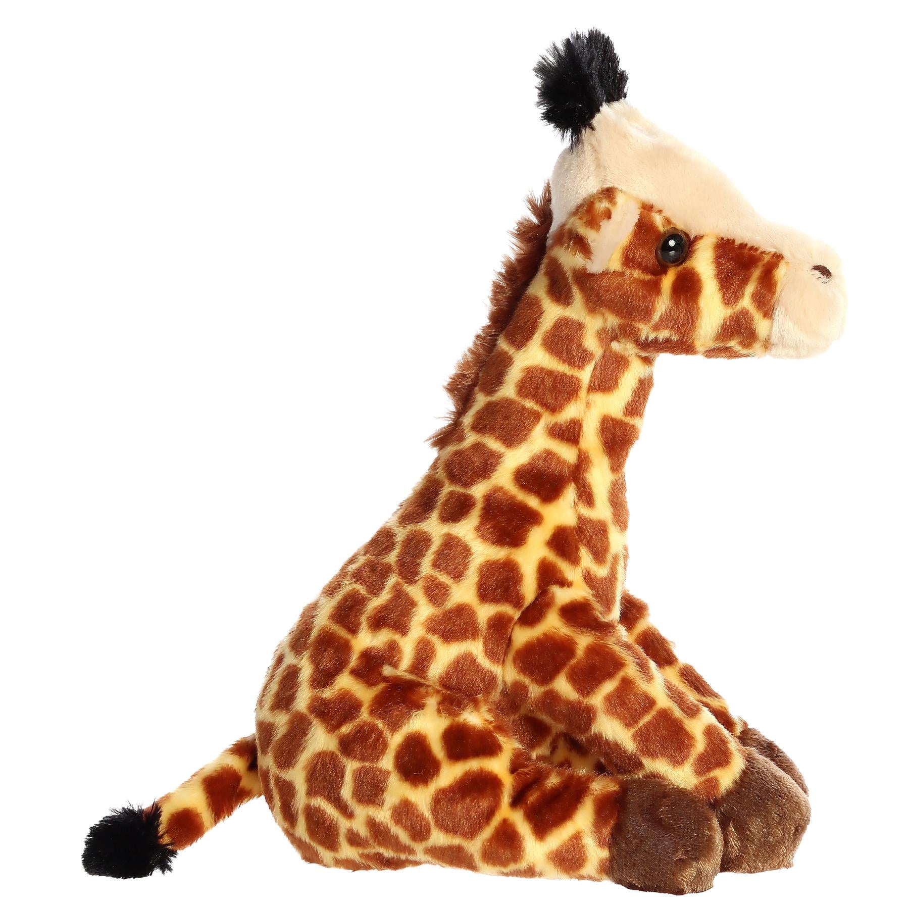 Plush giraffe toy featuring brown and tan spots, sitting pose, against a solid white background.