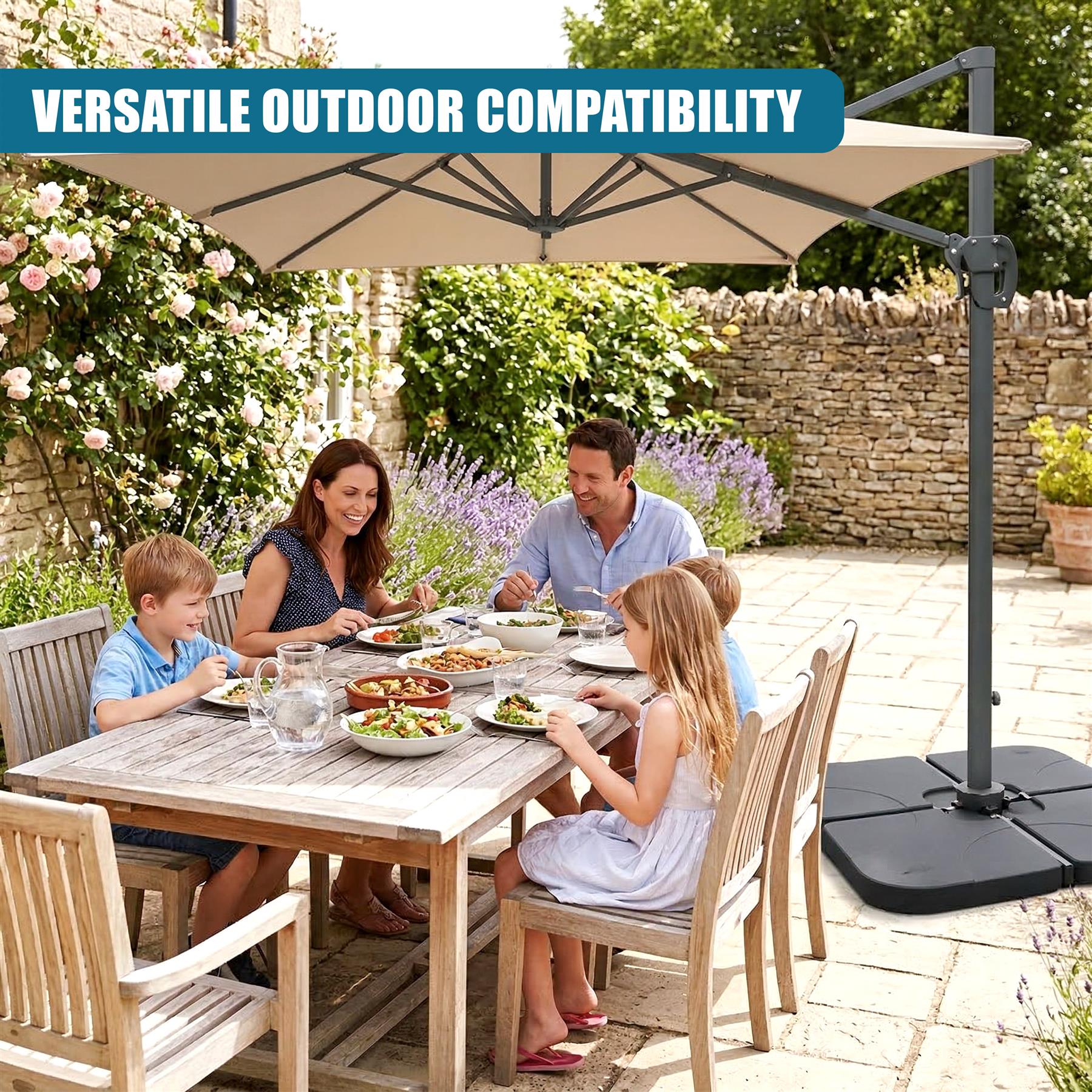 Large freestanding beige parasol casting shade over a wooden outdoor dining table and seated family.