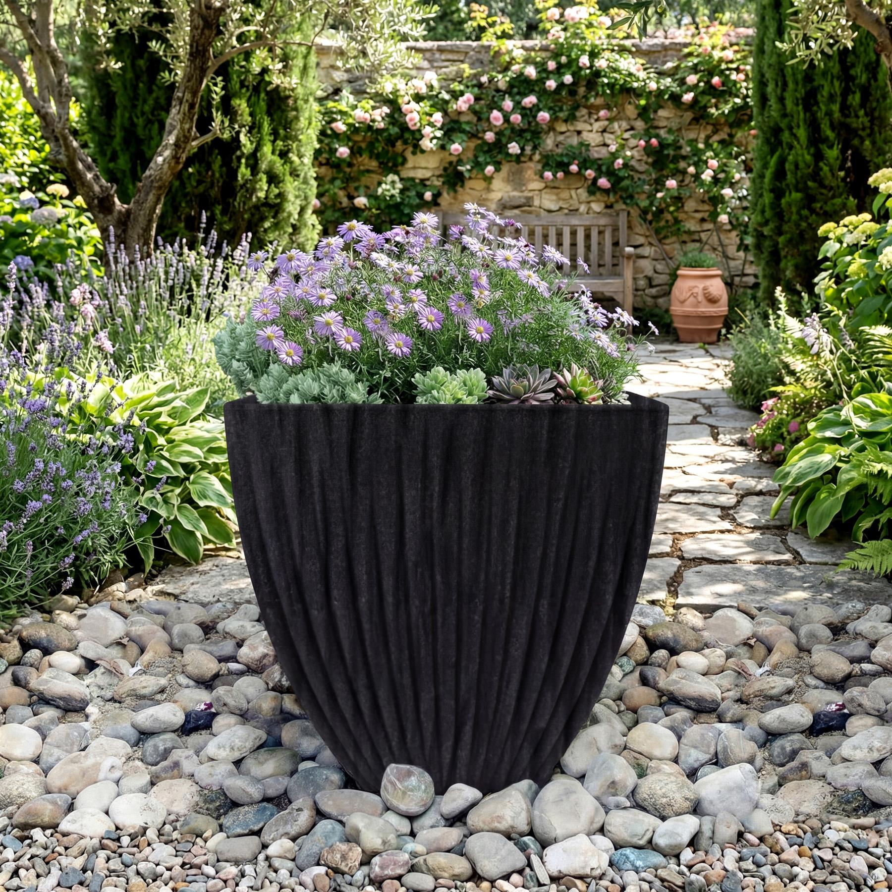 Large Charcoal Black Lotus Square Planter