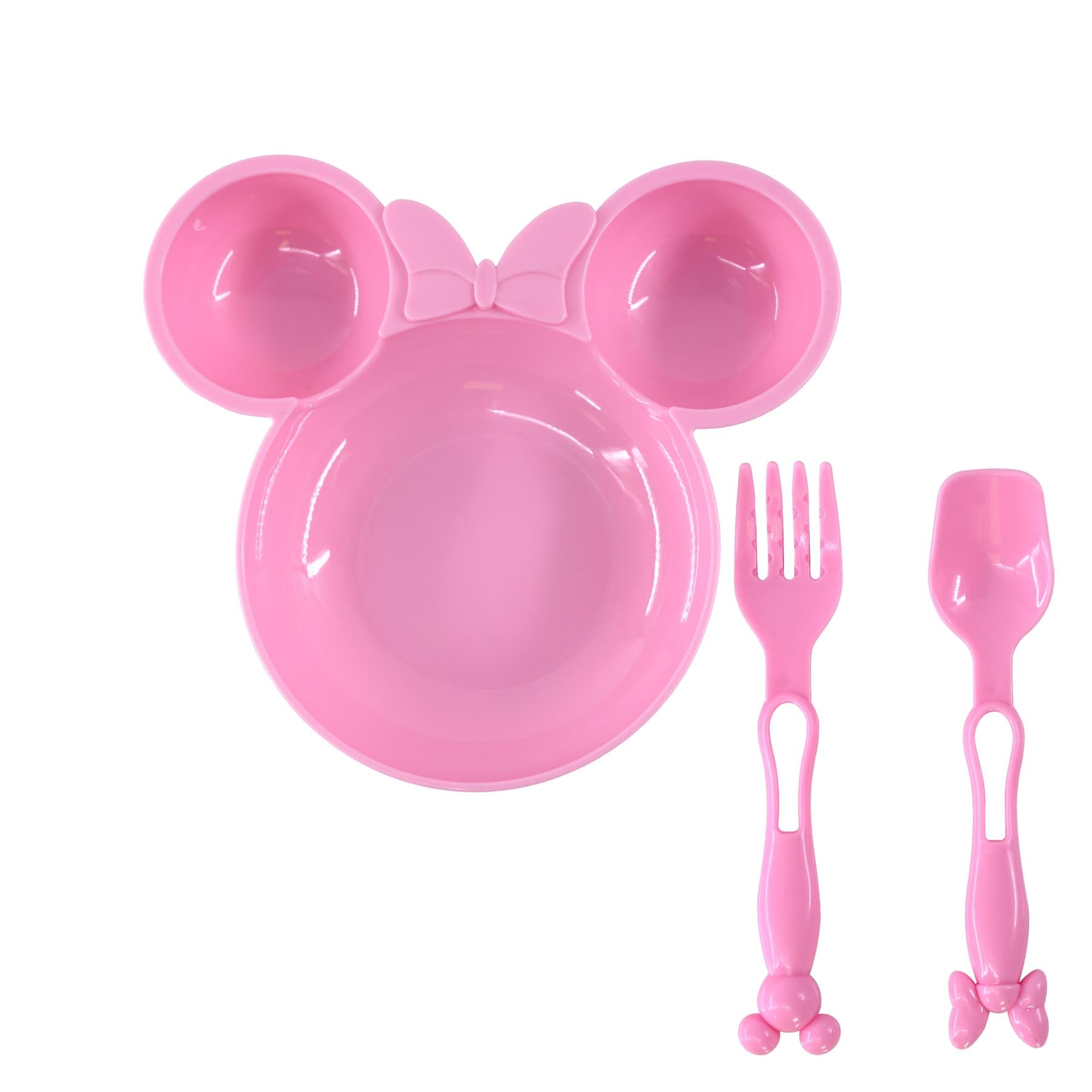 Pink doll feeding set includes a plate, bowl, fork, and spoon.
