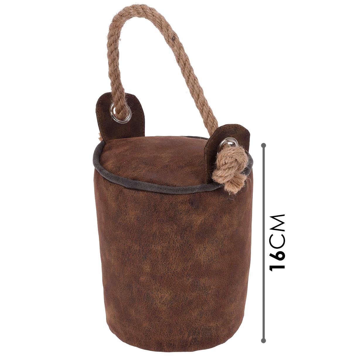 A brown leather-like bucket with a rope handle, made of sturdy material, with a size of 16cm. - The Magic Toy Shop