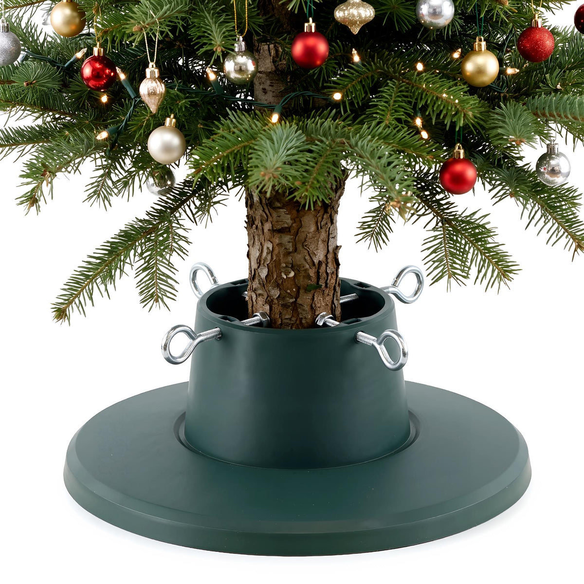 GEEZY adjustable Christmas tree stand with a green plastic base and metal supports